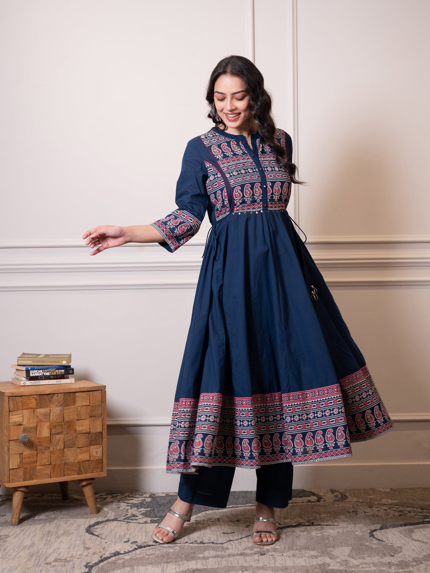 Embroidered Soft cotton Solid Anarkali Blue Kurta