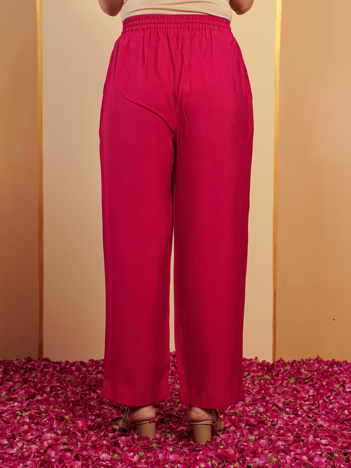 blended silk solid dark pink trousers