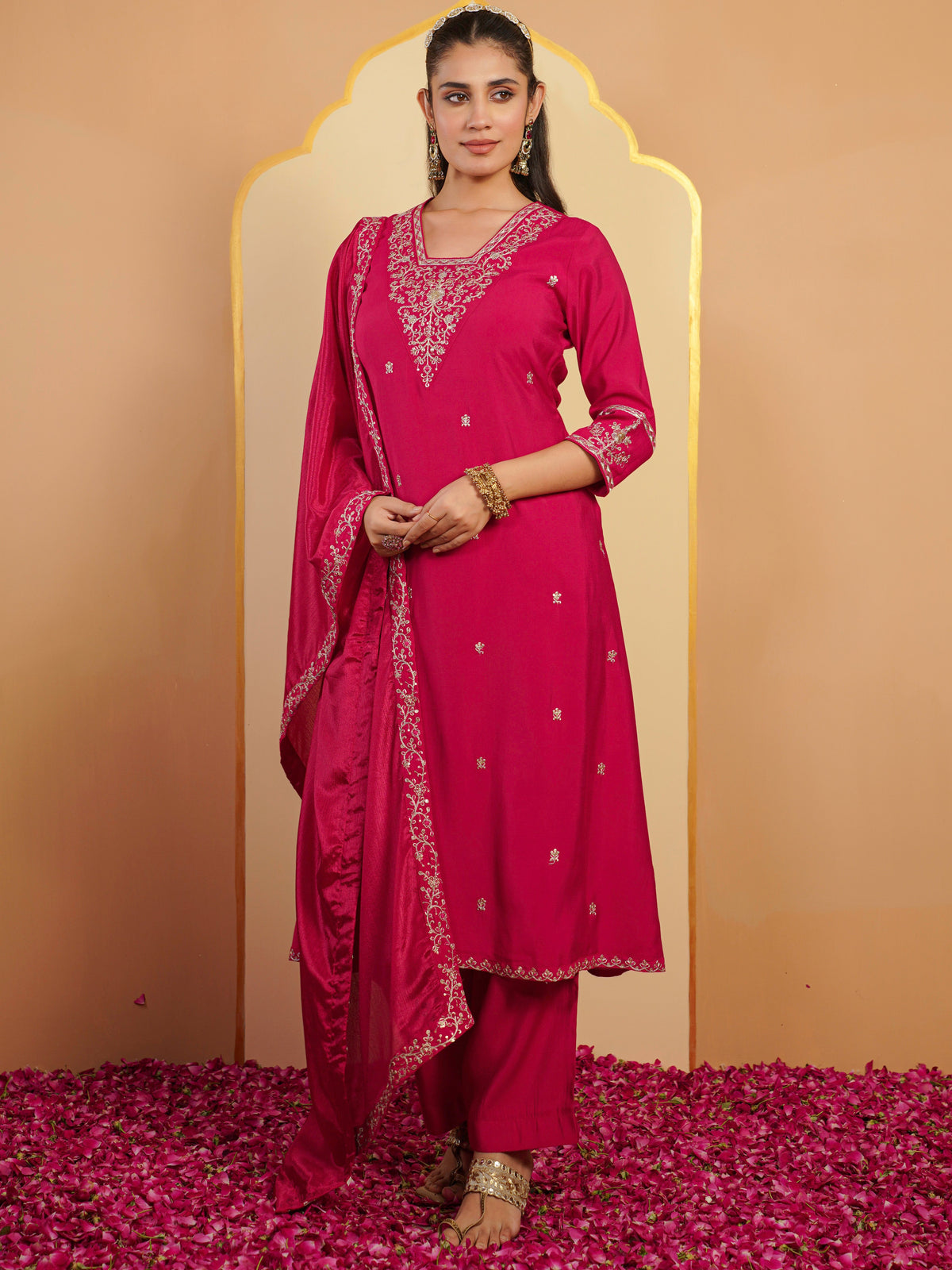 Embroidered blended silk solid anarkali dark pink dupatta