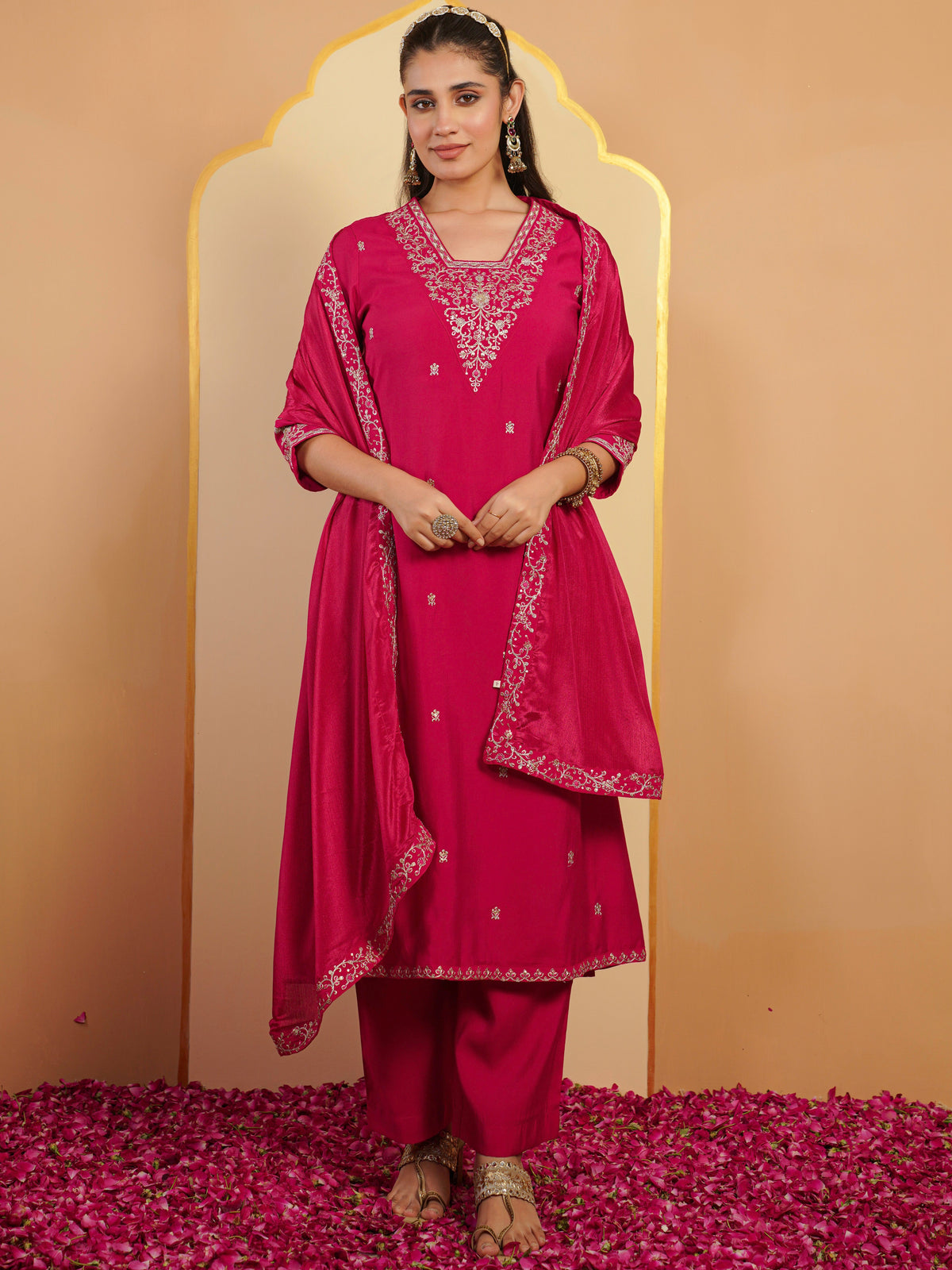 Embroidered blended silk solid anarkali dark pink dupatta