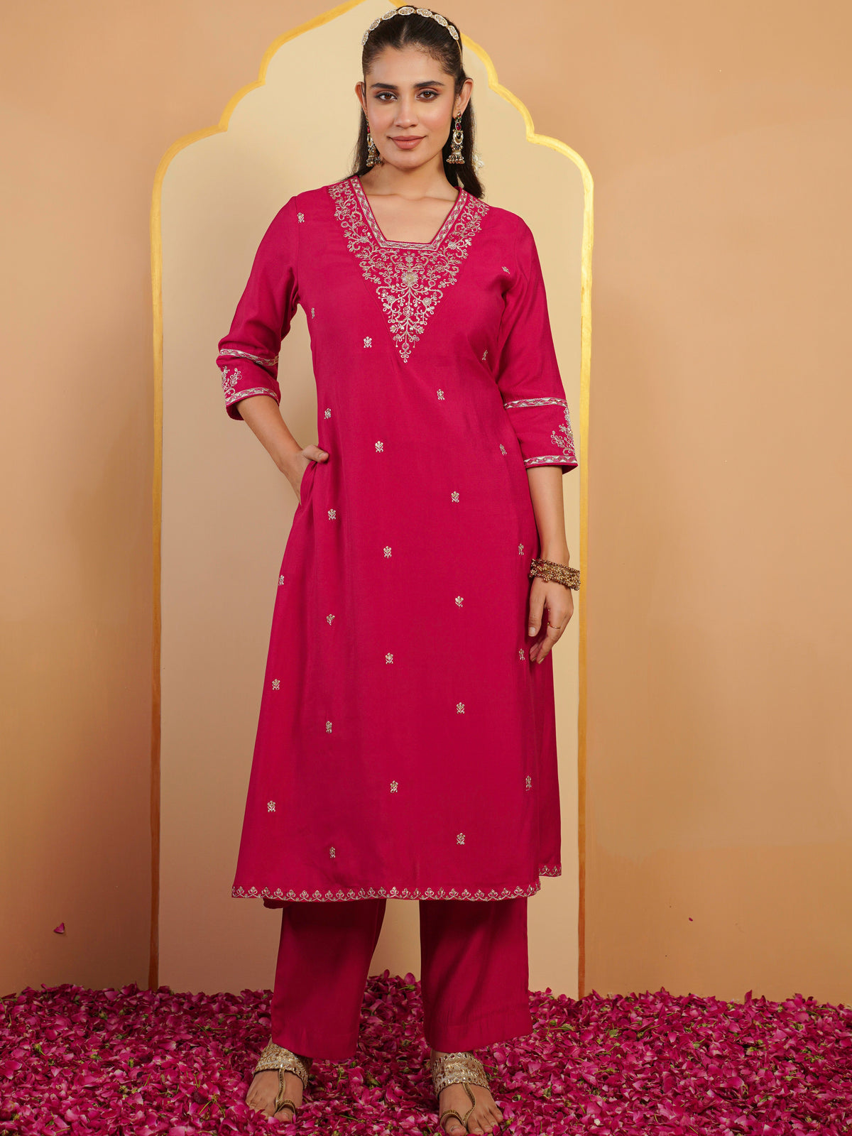 Embroidered blended silk solid palazzo dark pink kurta