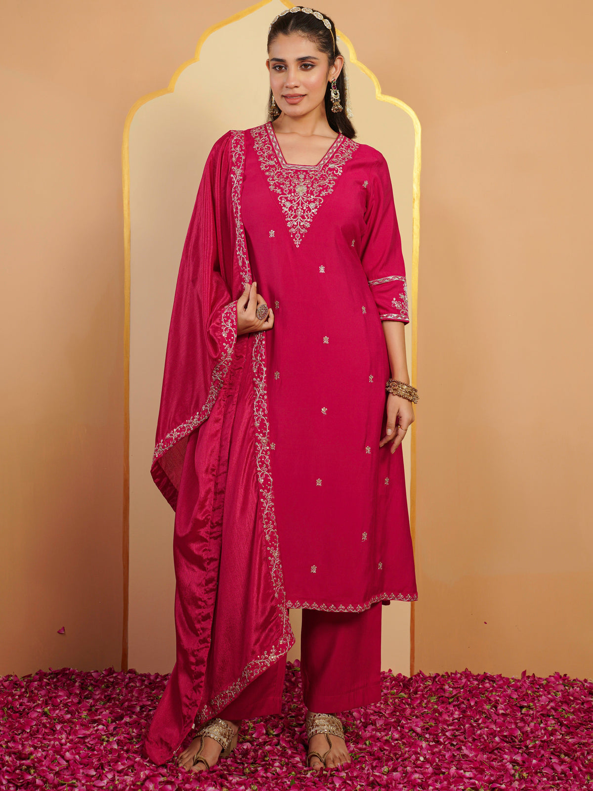 Embroidered blended silk solid palazzo dark pink kurta