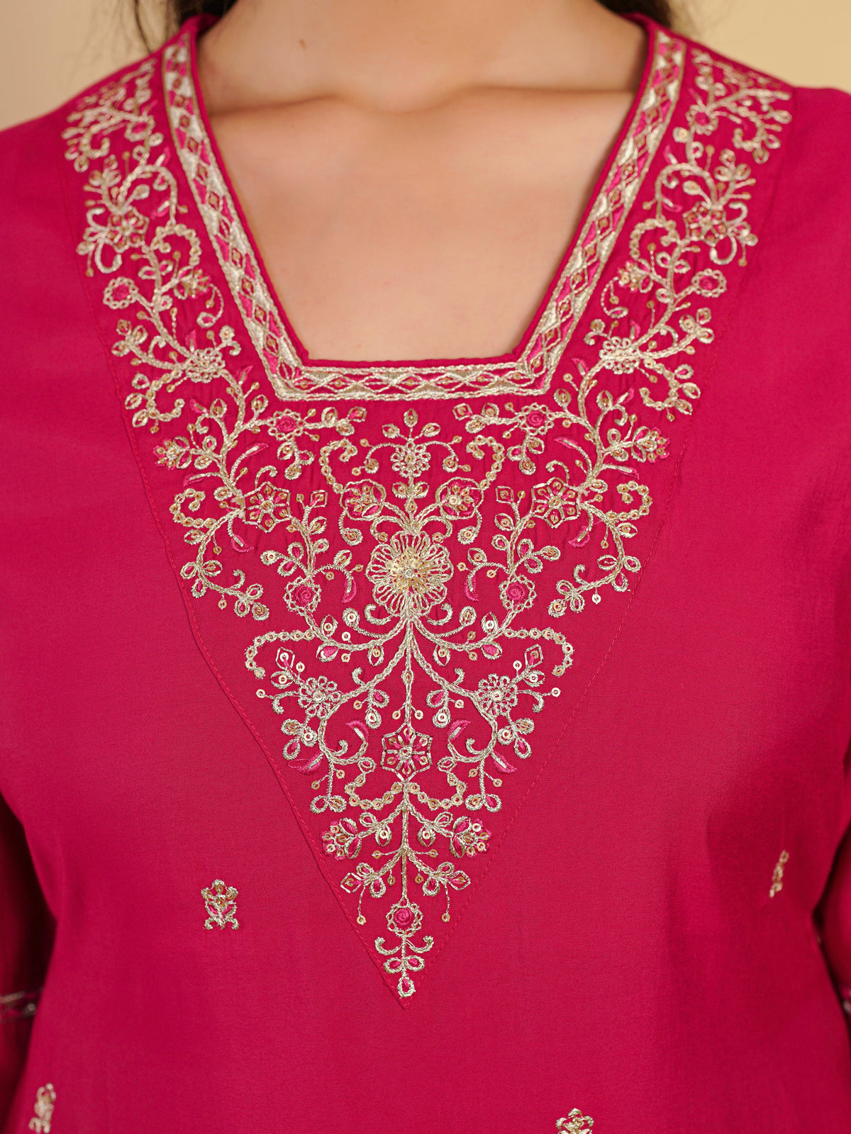 Embroidered blended silk solid palazzo dark pink kurta