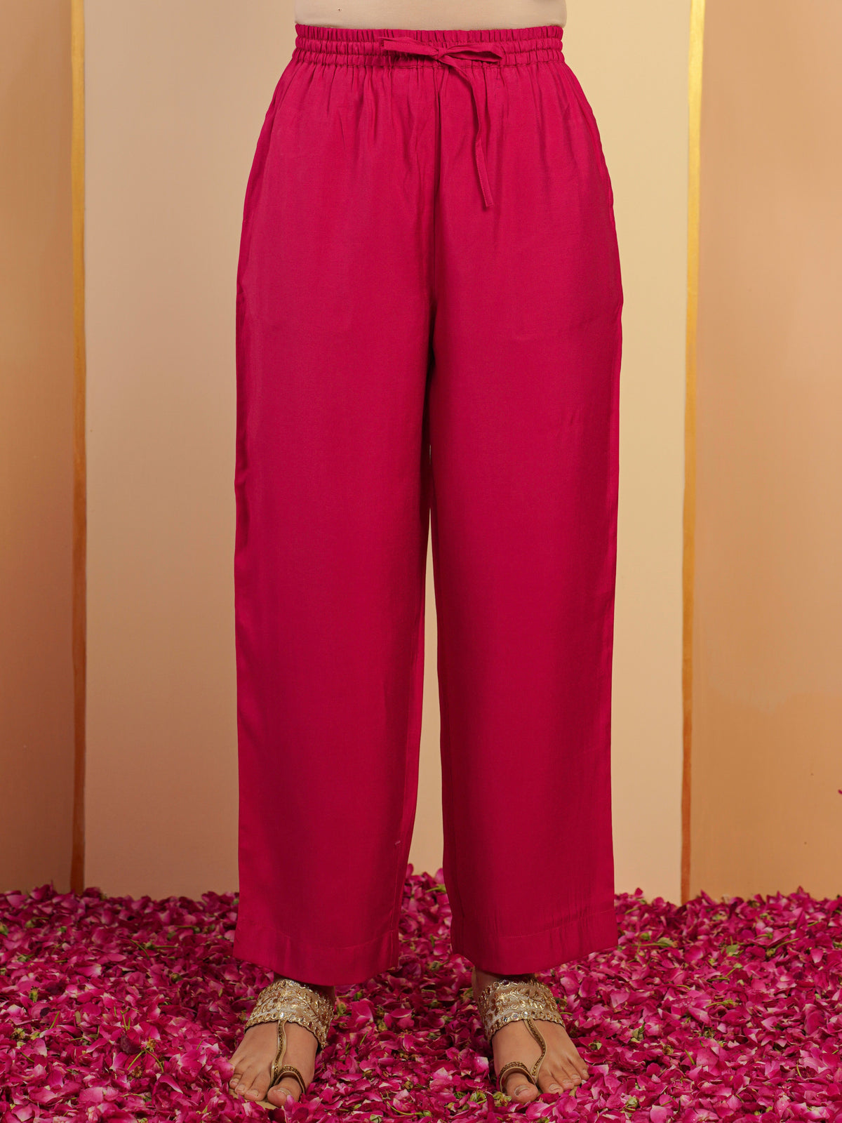 Embroidered blended silk solid palazzo dark pink kurta