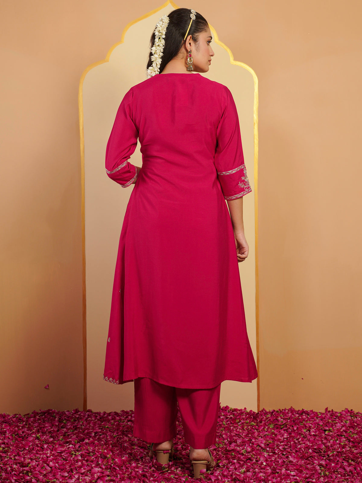 Embroidered blended silk solid palazzo dark pink kurta