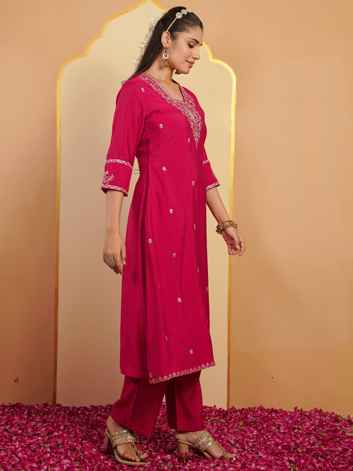 Embroidered blended silk solid palazzo dark pink kurta