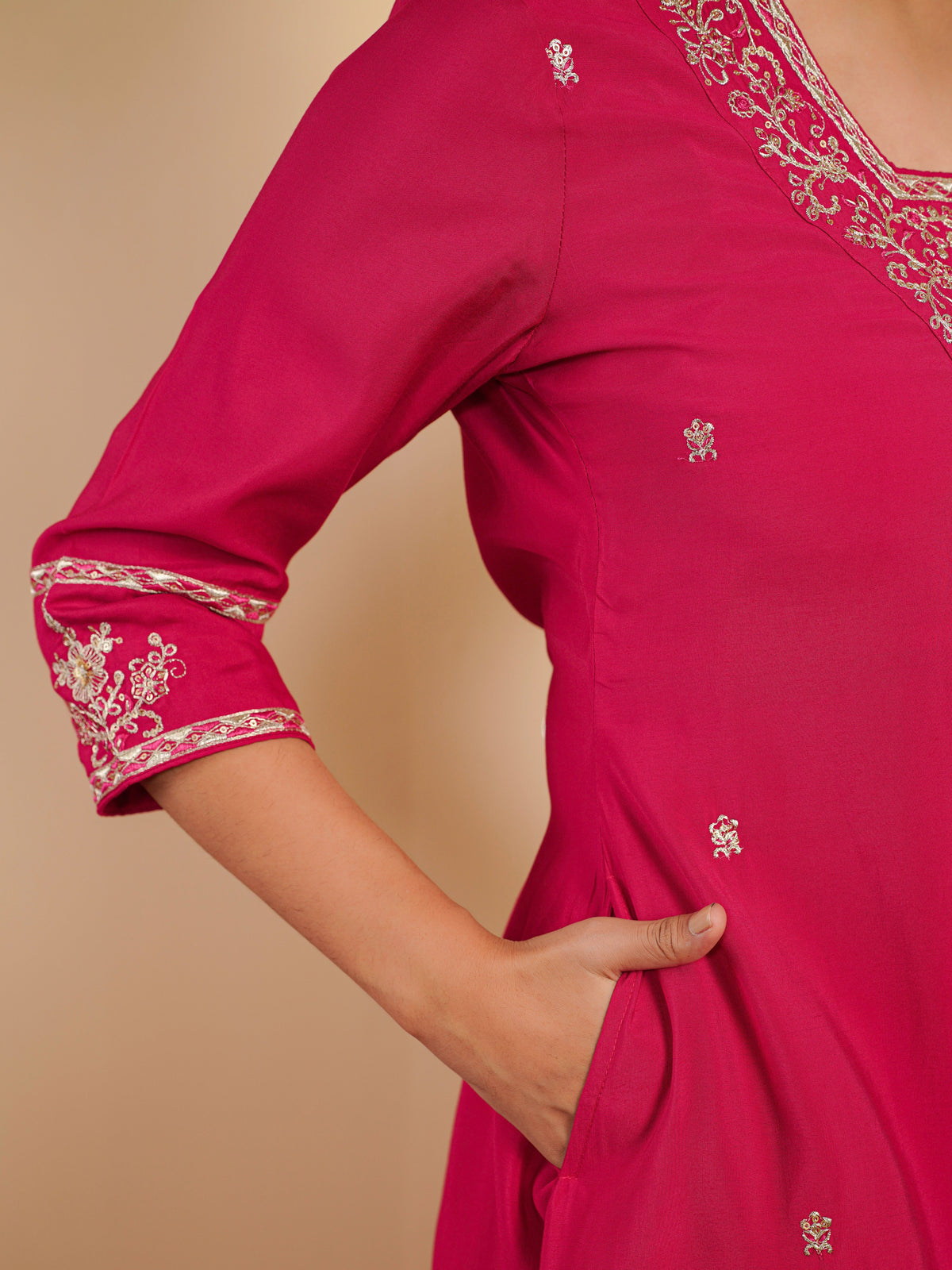 Embroidered blended silk solid palazzo dark pink kurta