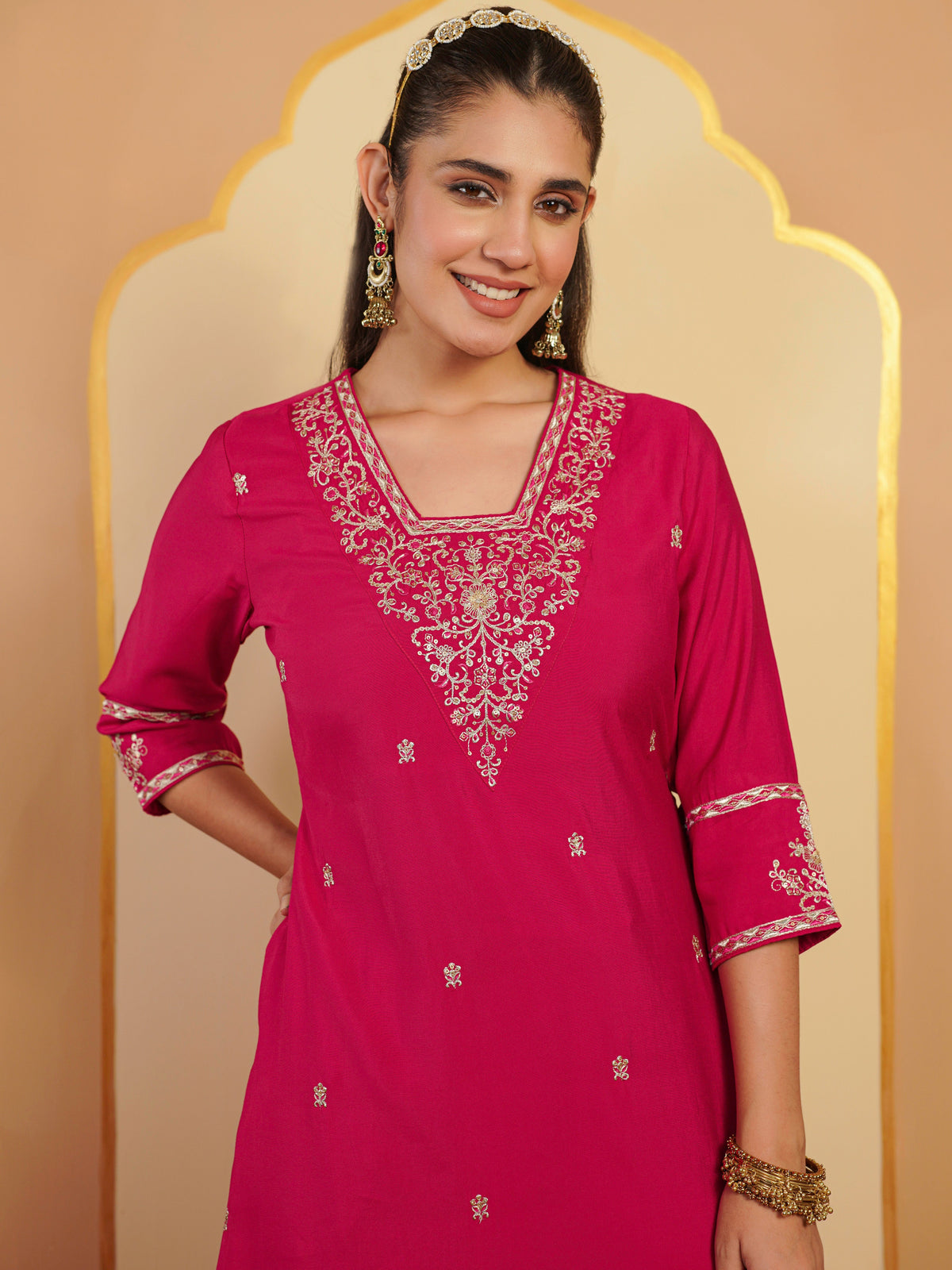 Embroidered blended silk solid palazzo dark pink kurta