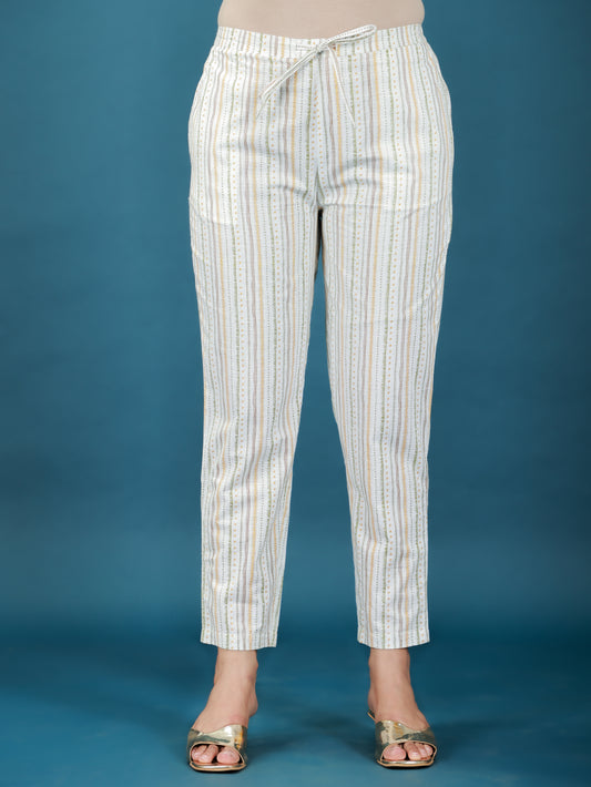 Soft Cotton Tribal White Tapered Trousers