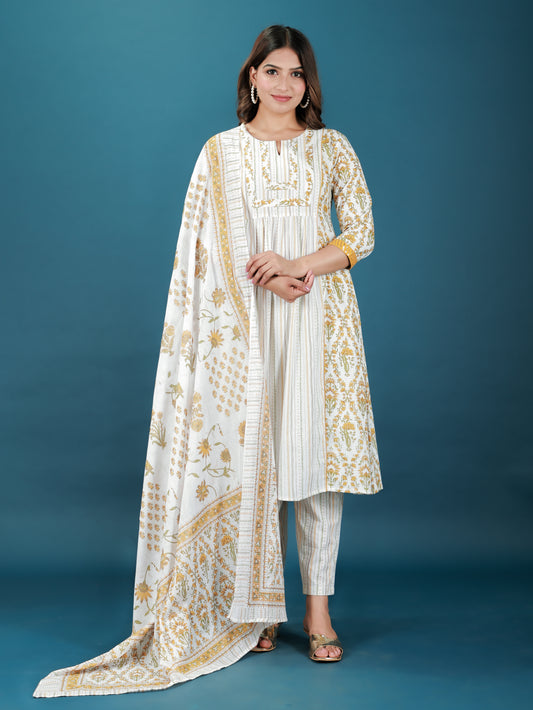 Embroidered Soft Cotton Hand-Block Panelled White Kurta