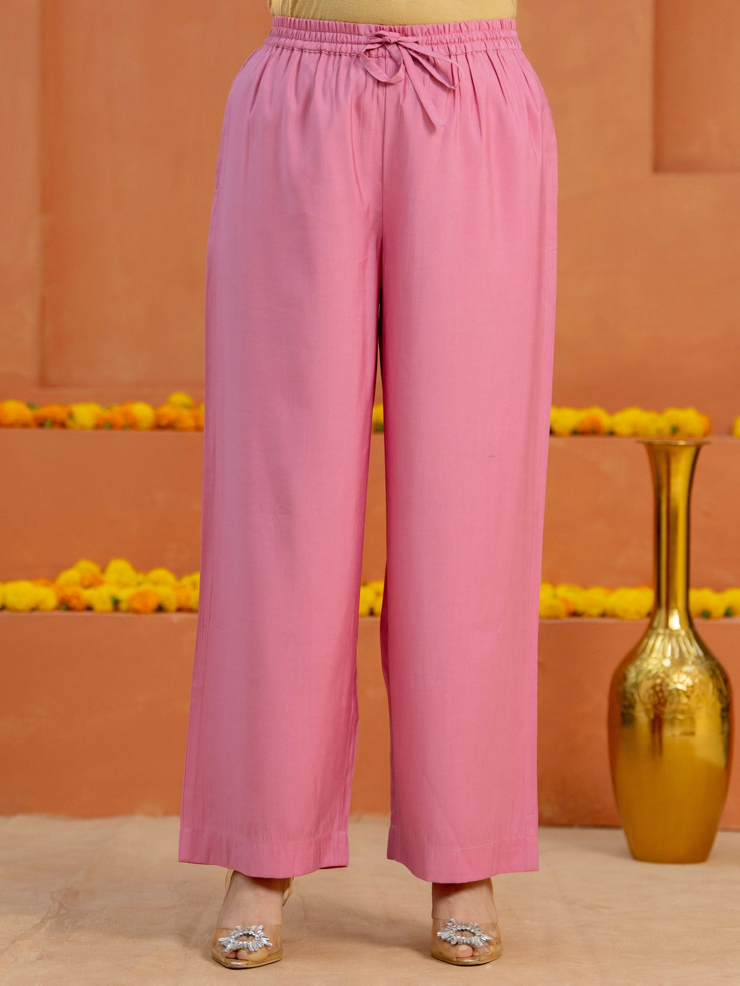 Chanderi Solid Pink Straight Trousers