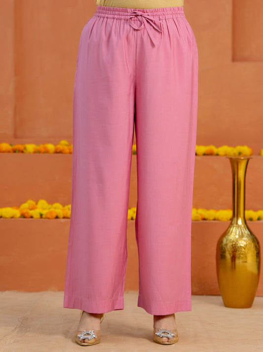 Chanderi Solid Pink Straight Trousers