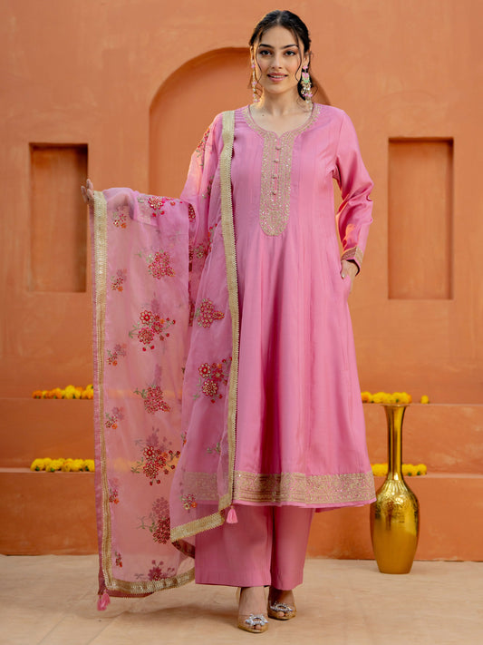 Embroidered Organza Solid Pink Dupatta