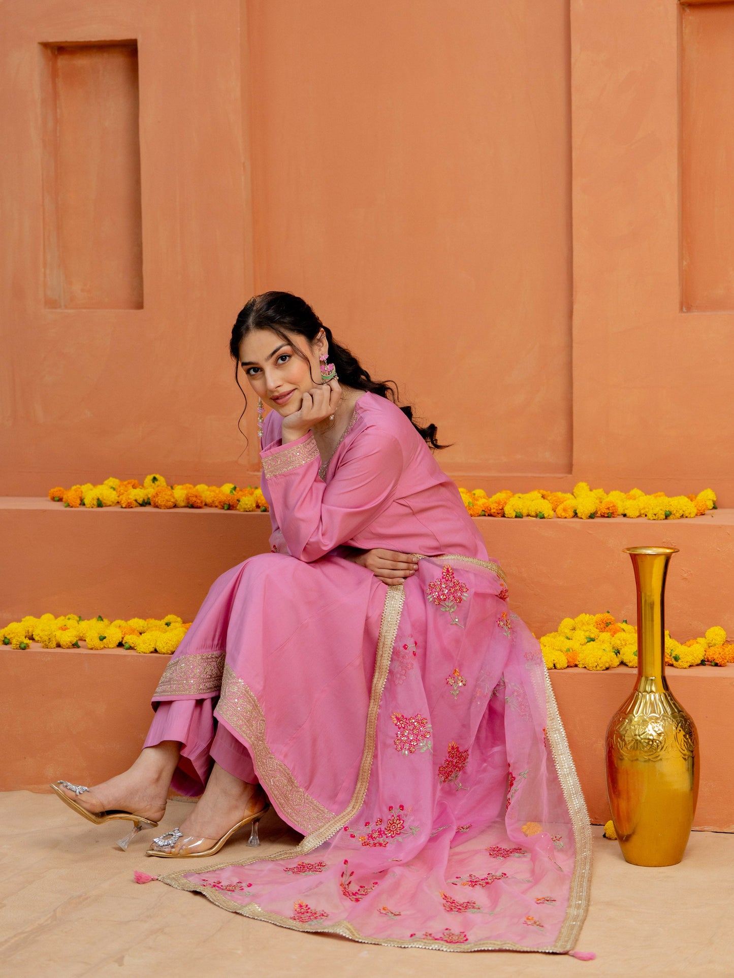 Embroidered Organza Solid Pink Dupatta