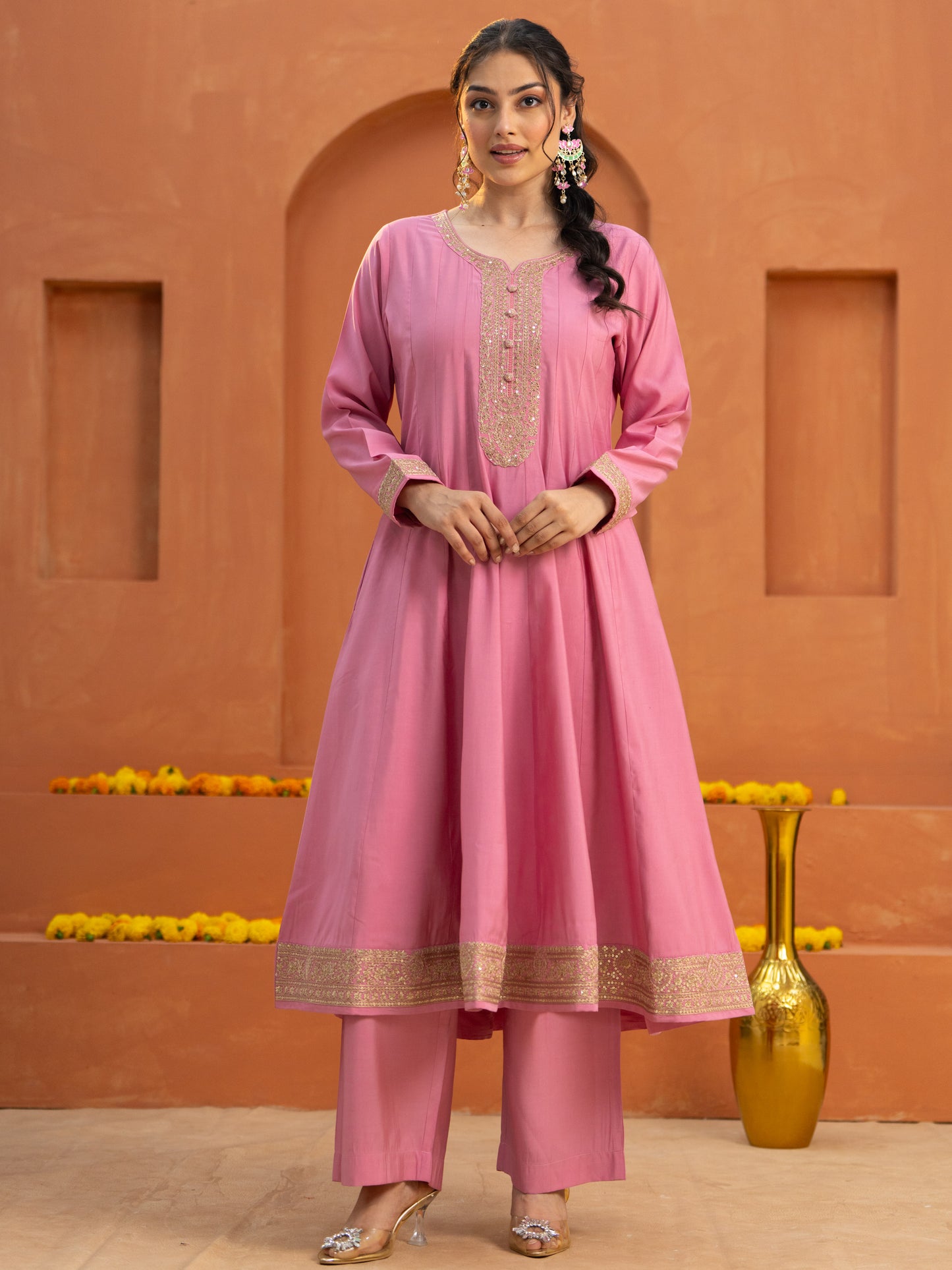 Embroidered Chanderi Solid Anarkali Pink Kurta