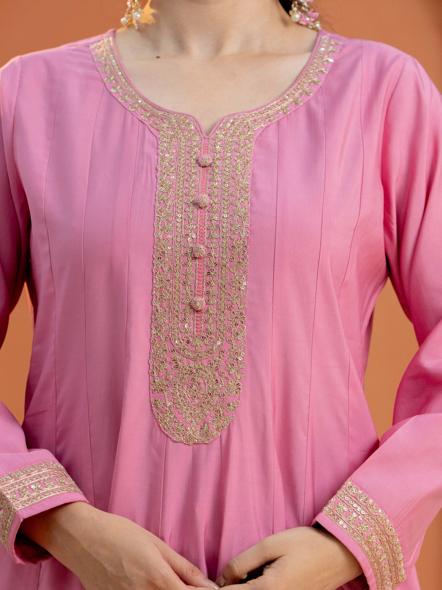 Embroidered Chanderi Solid Anarkali Pink Kurta