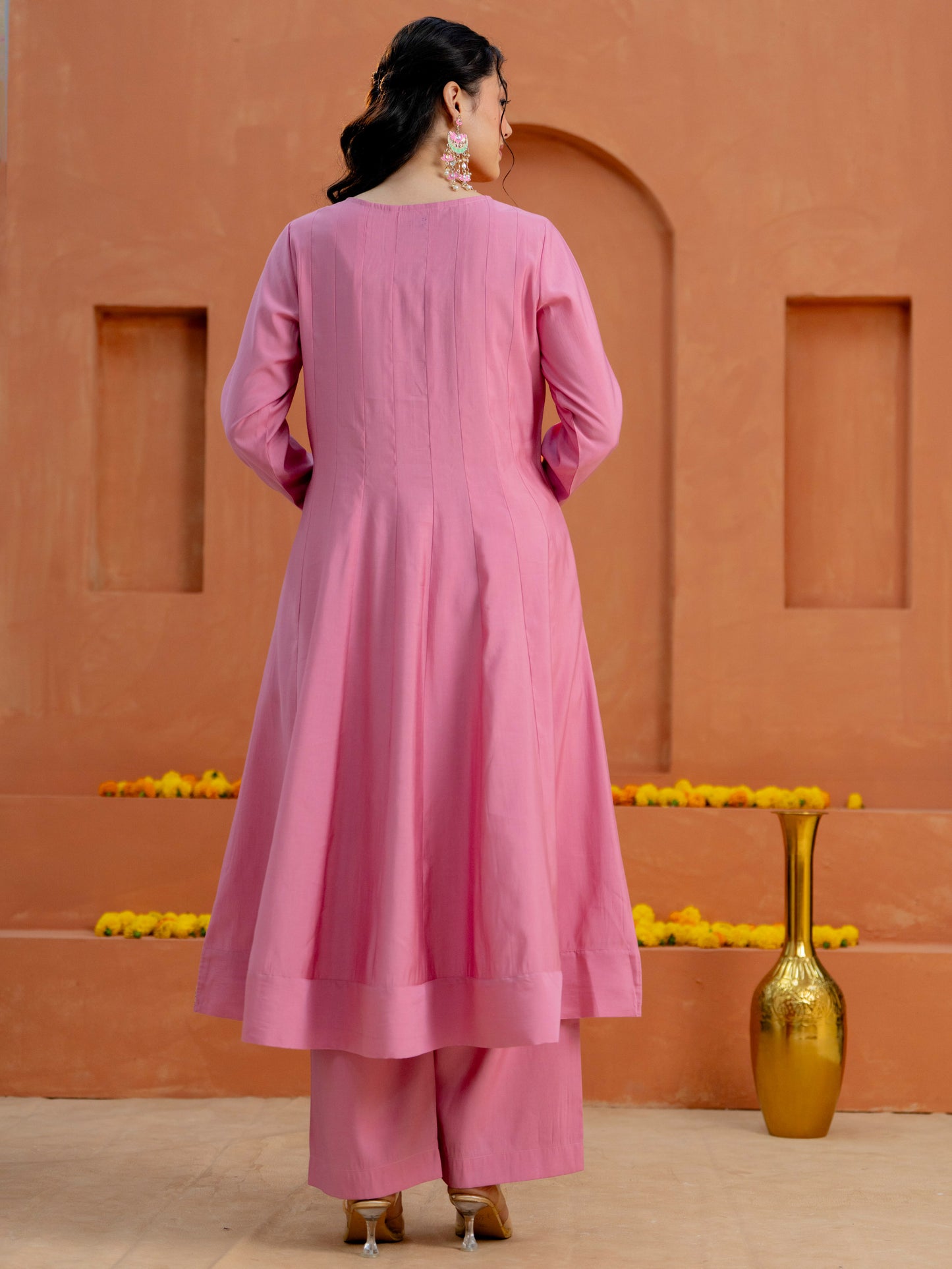 Embroidered Chanderi Solid Anarkali Pink Kurta