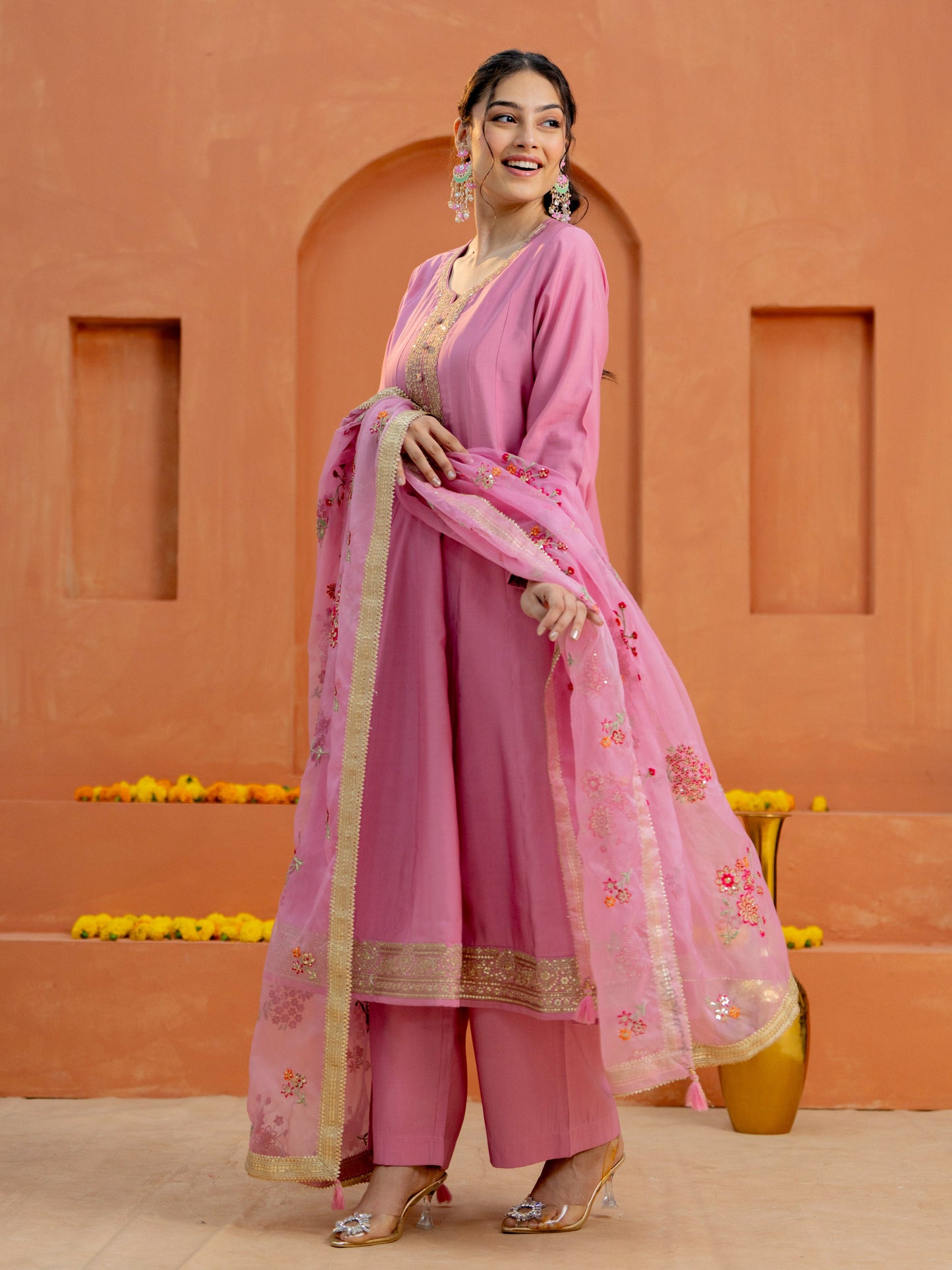 Embroidered Chanderi Solid Anarkali Pink Kurta