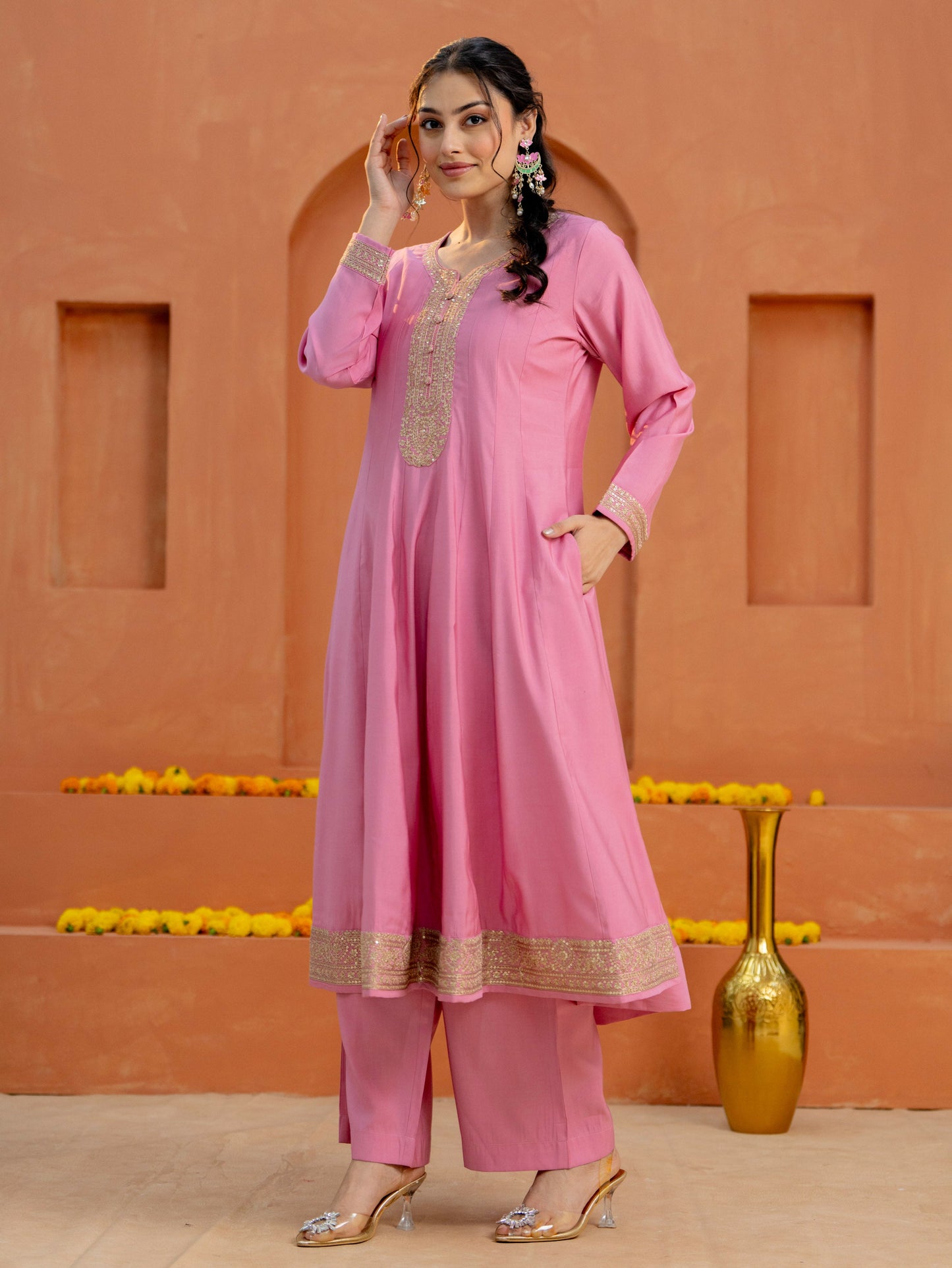 Embroidered Chanderi Solid Anarkali Pink Kurta