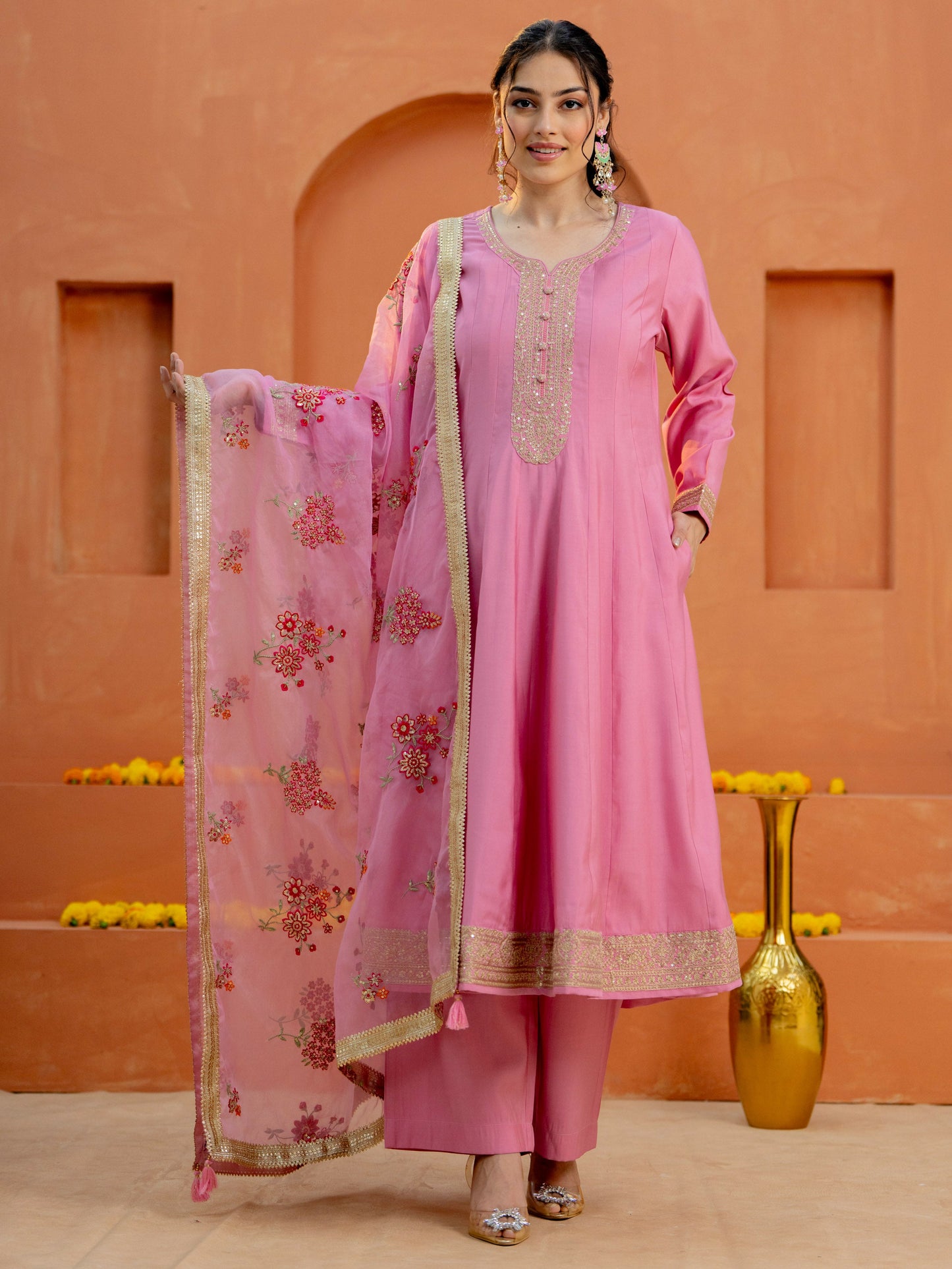 Embroidered Chanderi Solid Anarkali Pink Kurta