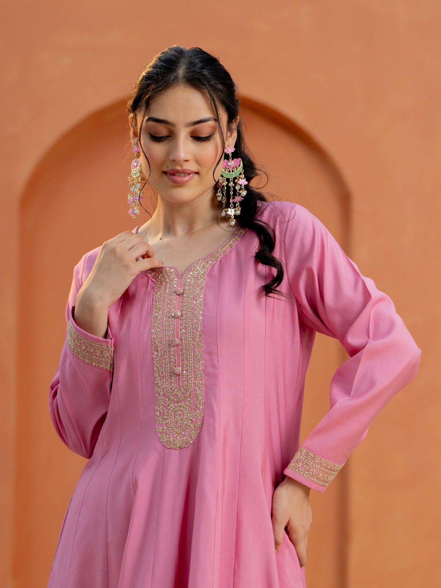 Embroidered Chanderi Solid Anarkali Pink Kurta