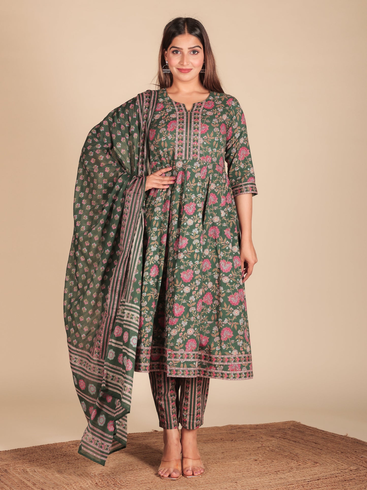 Cotton Voile Block Print Green Dupatta