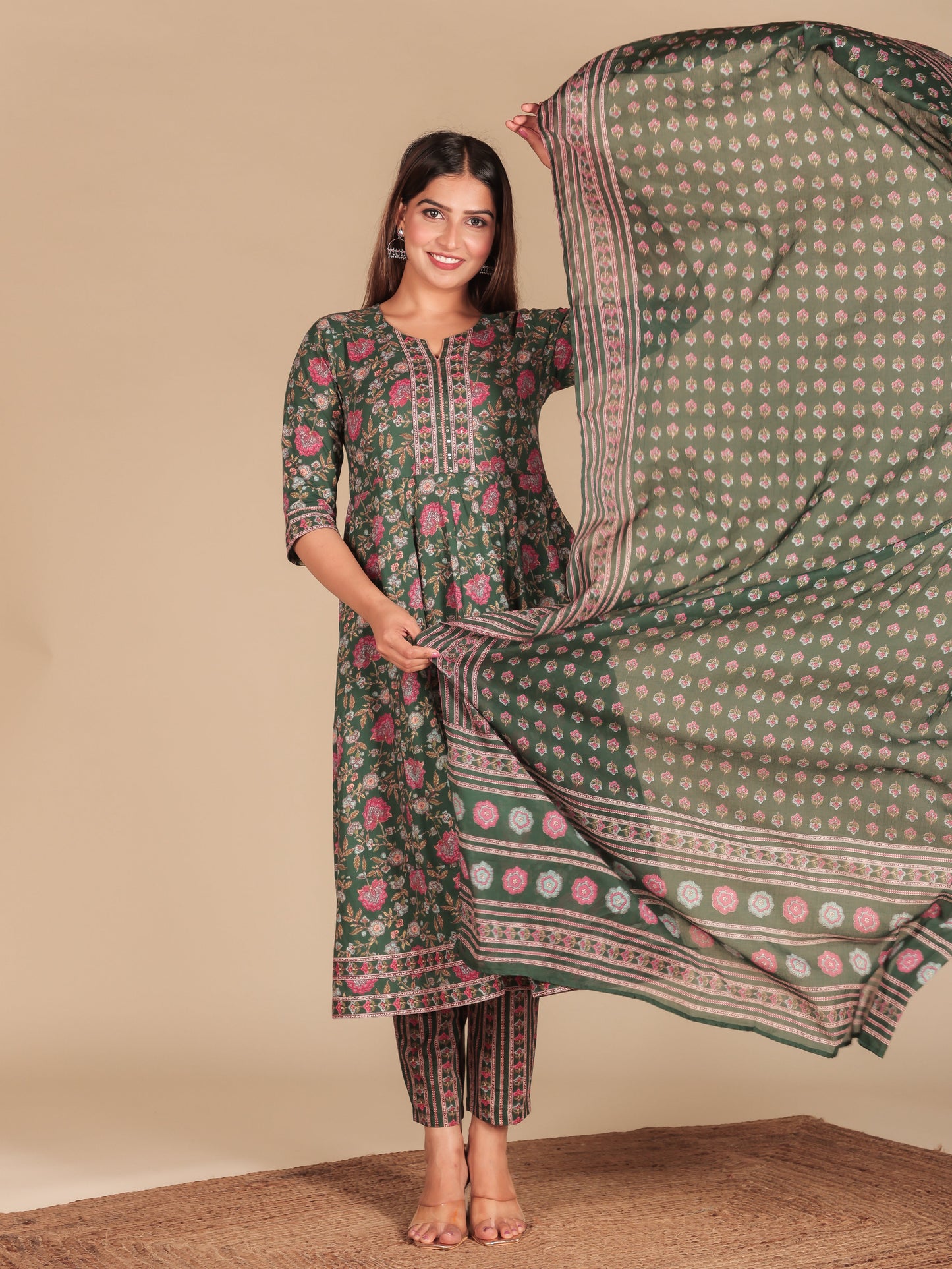 Cotton Voile Block Print Green Dupatta