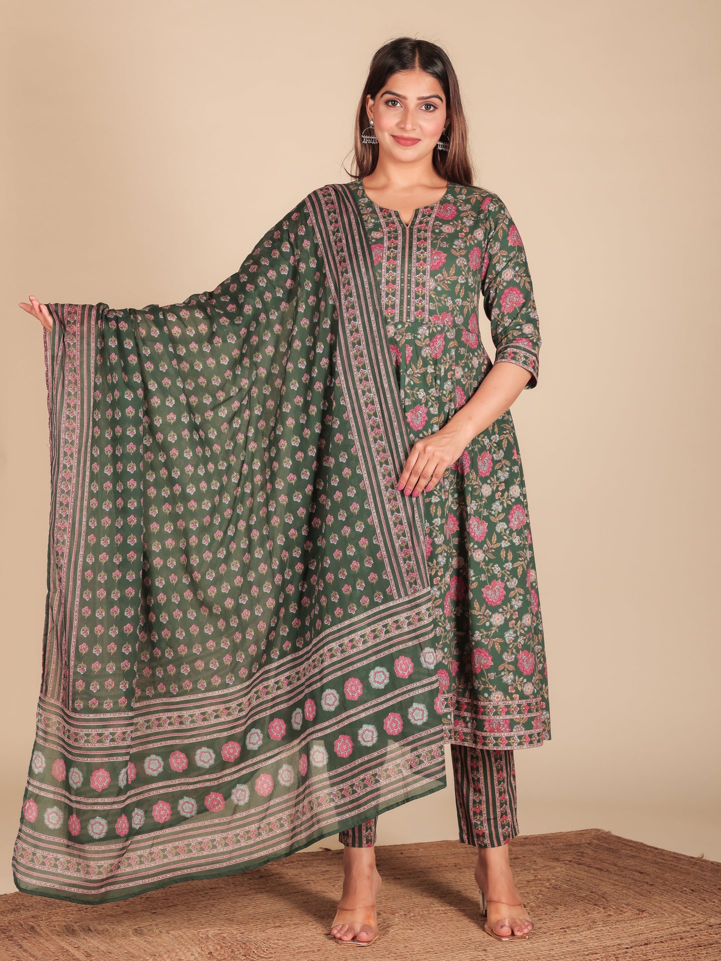 Cotton Voile Block Print Green Dupatta