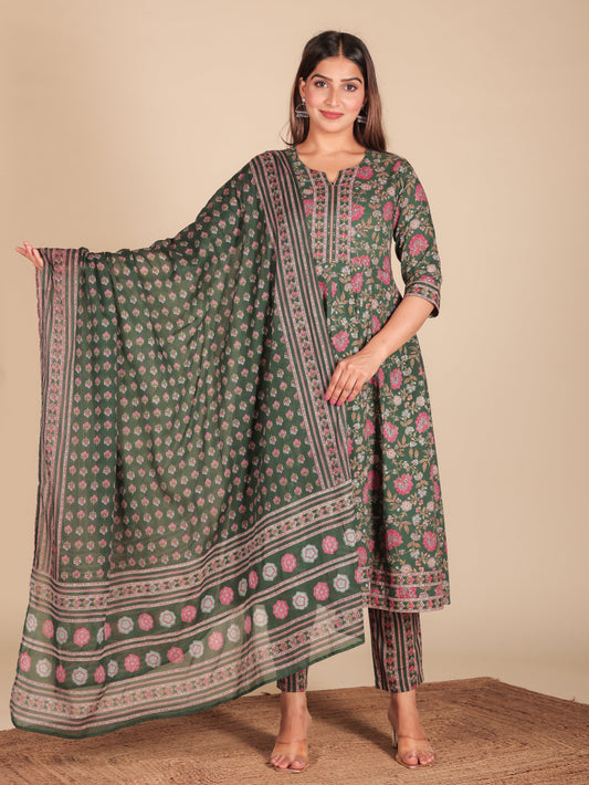 Cotton Voile Block Print Green Dupatta