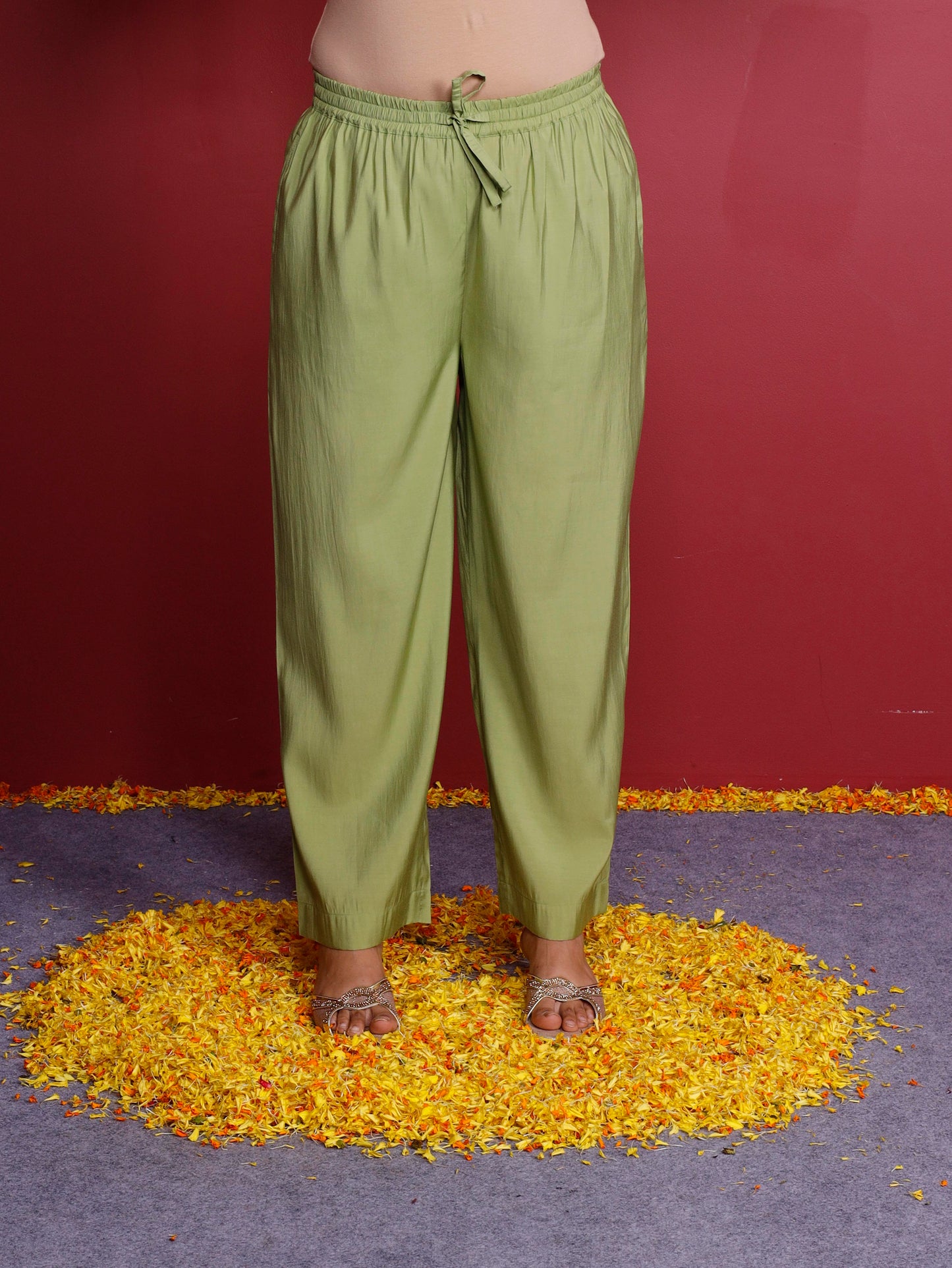 Chanderi Solid Green Straight Trousers