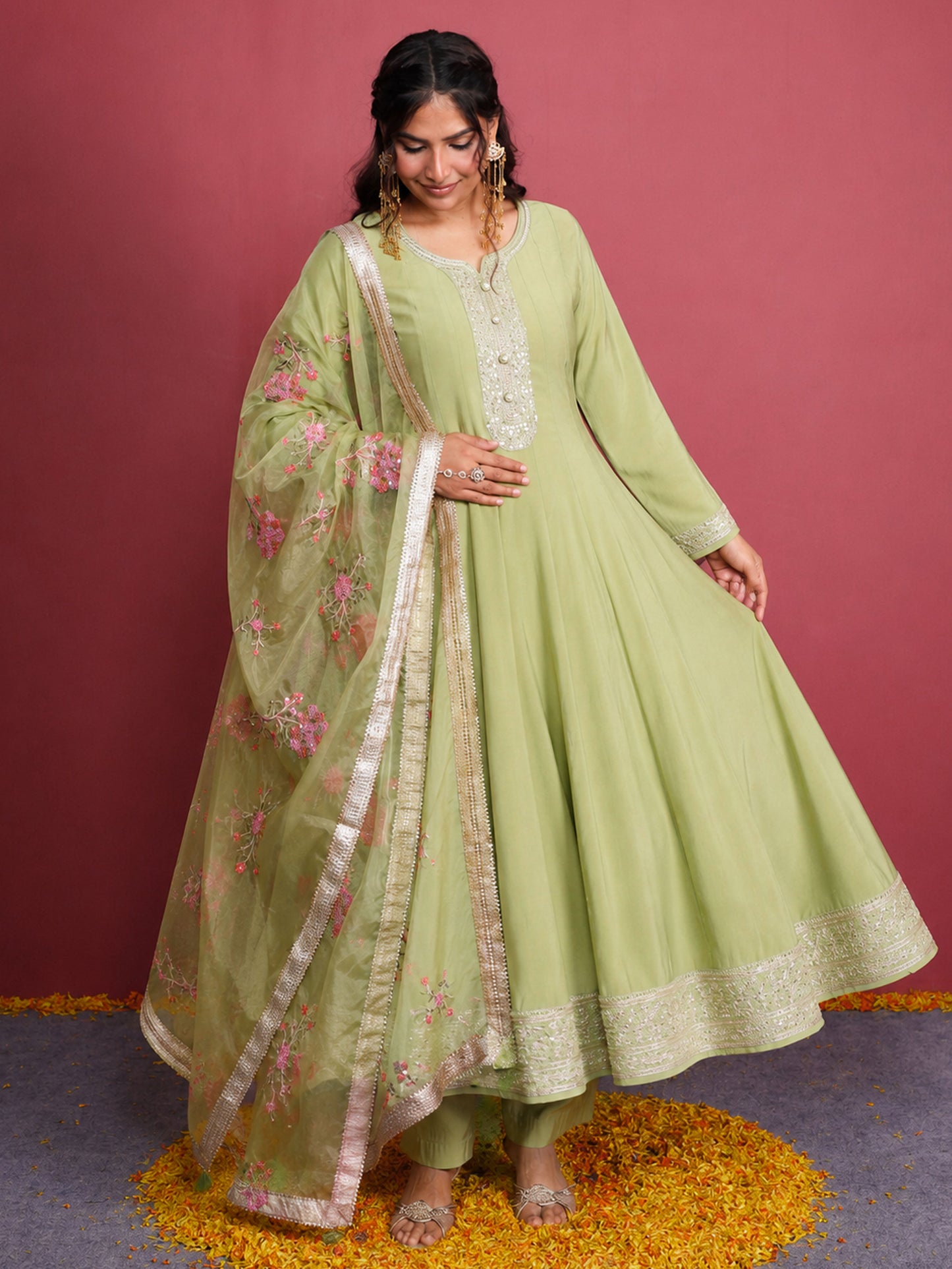 Embroidered Chanderi Solid Anarkali Green Kurta