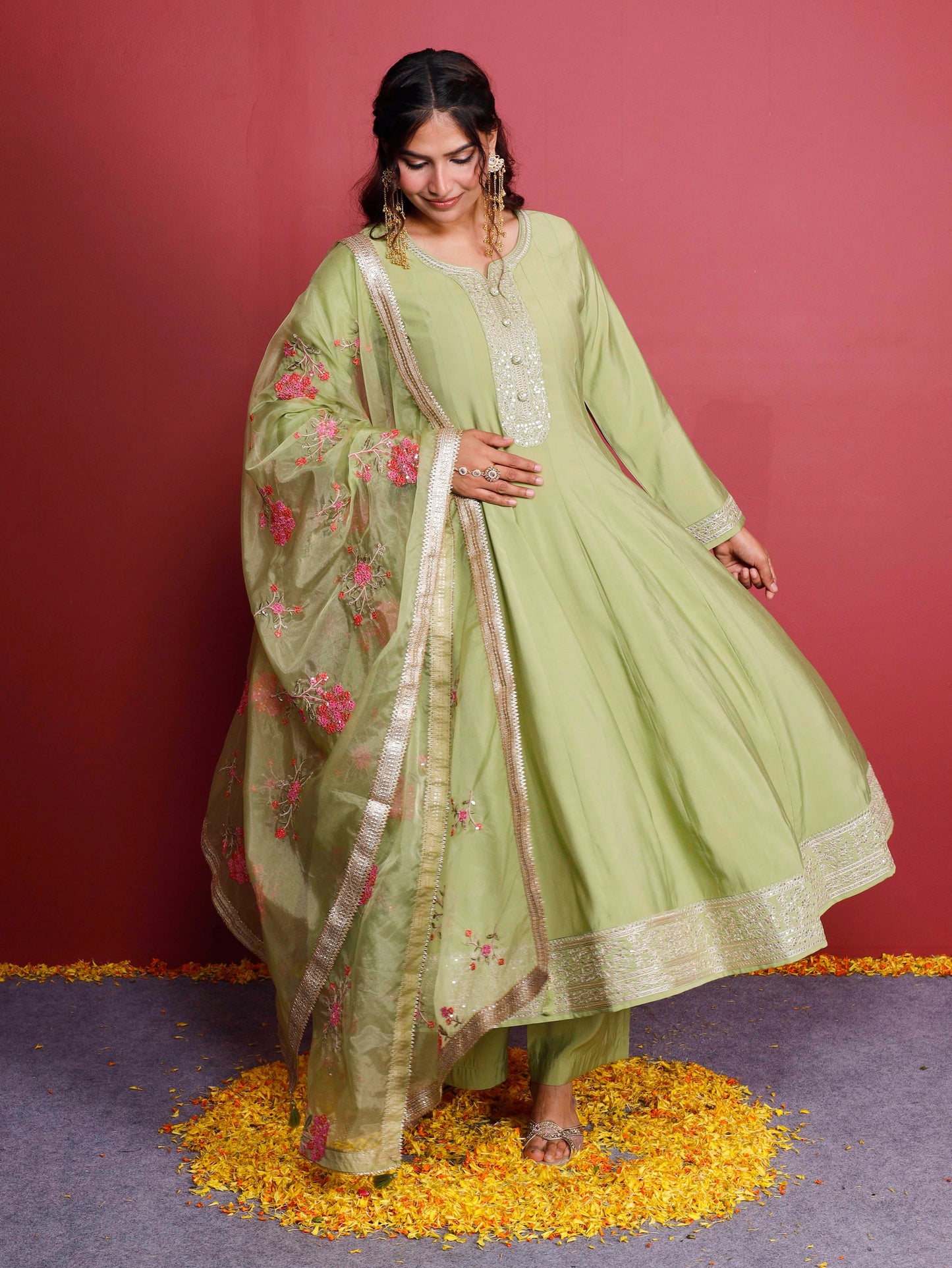 Embroidered Chanderi Solid Anarkali Green Kurta