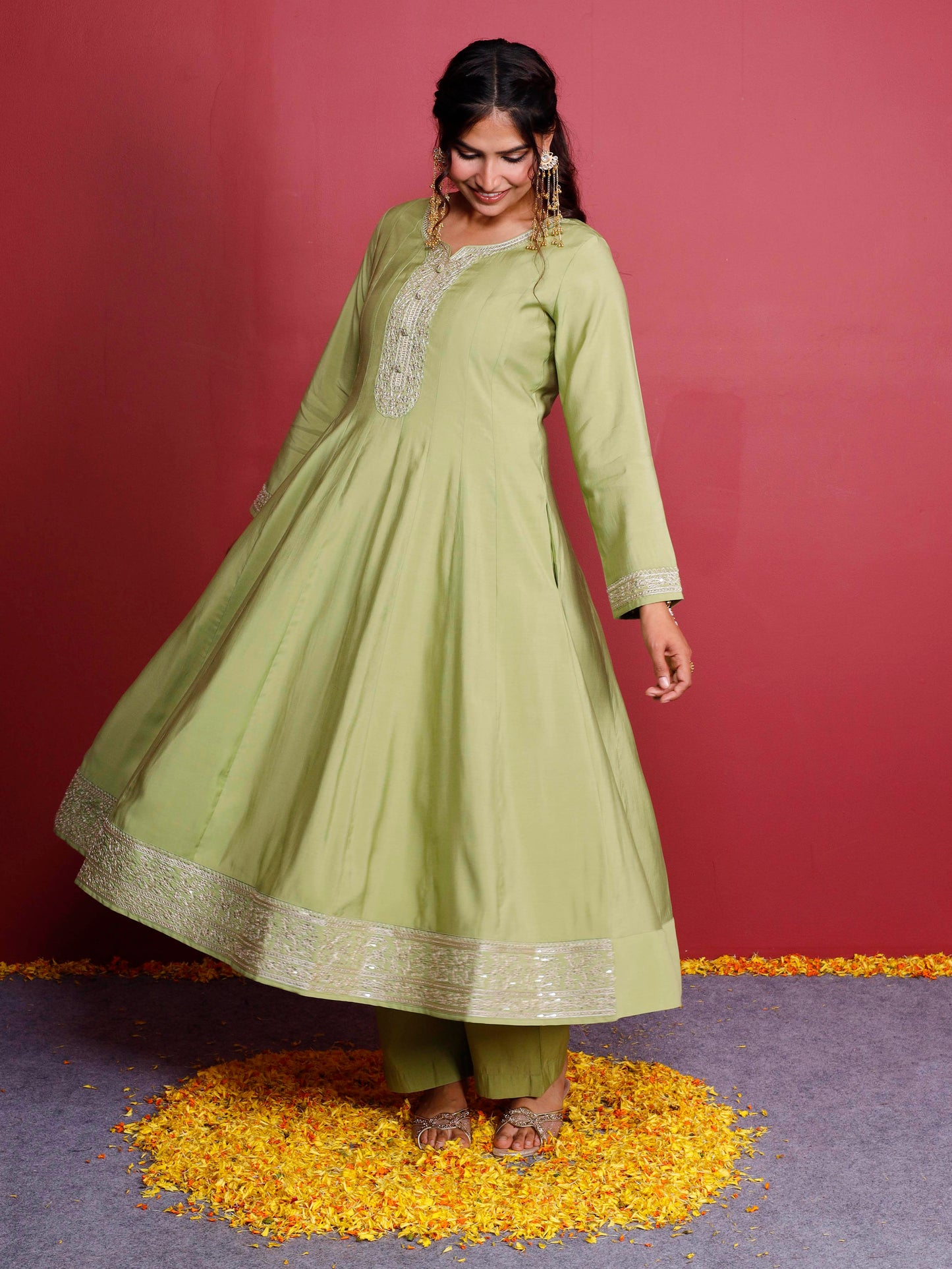 Embroidered Chanderi Solid Anarkali Green Kurta