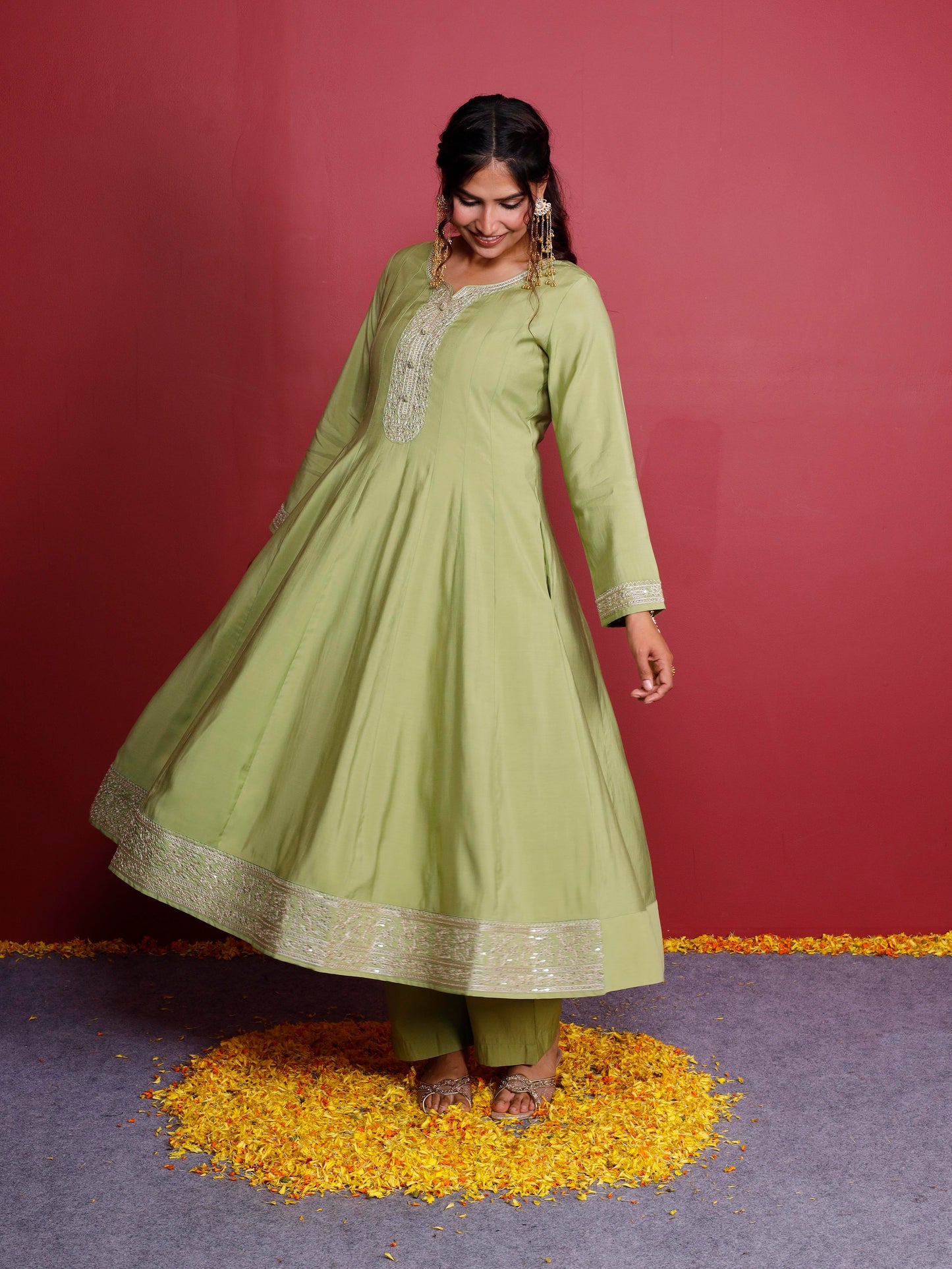 Embroidered Chanderi Solid Anarkali Green Kurta