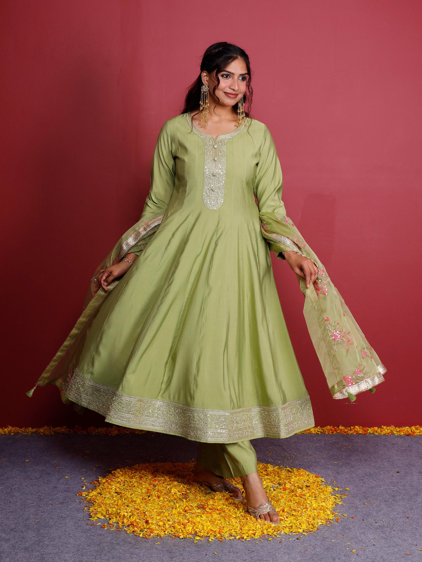 Embroidered Chanderi Solid Anarkali Green Kurta