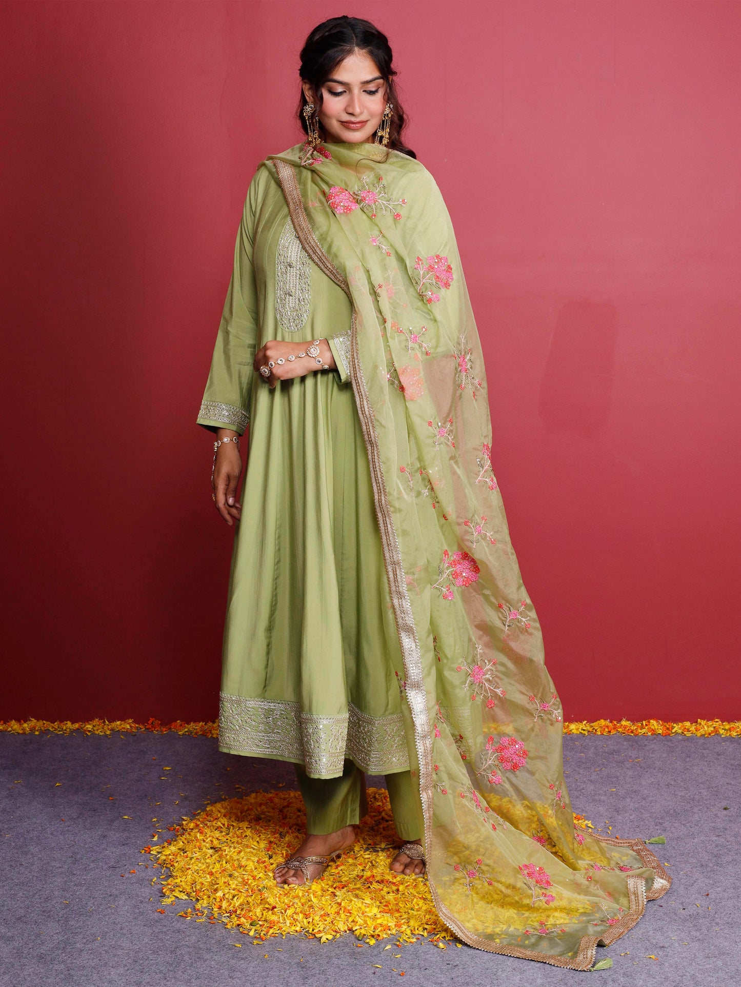 Embroidered Chanderi Solid Anarkali Green Kurta
