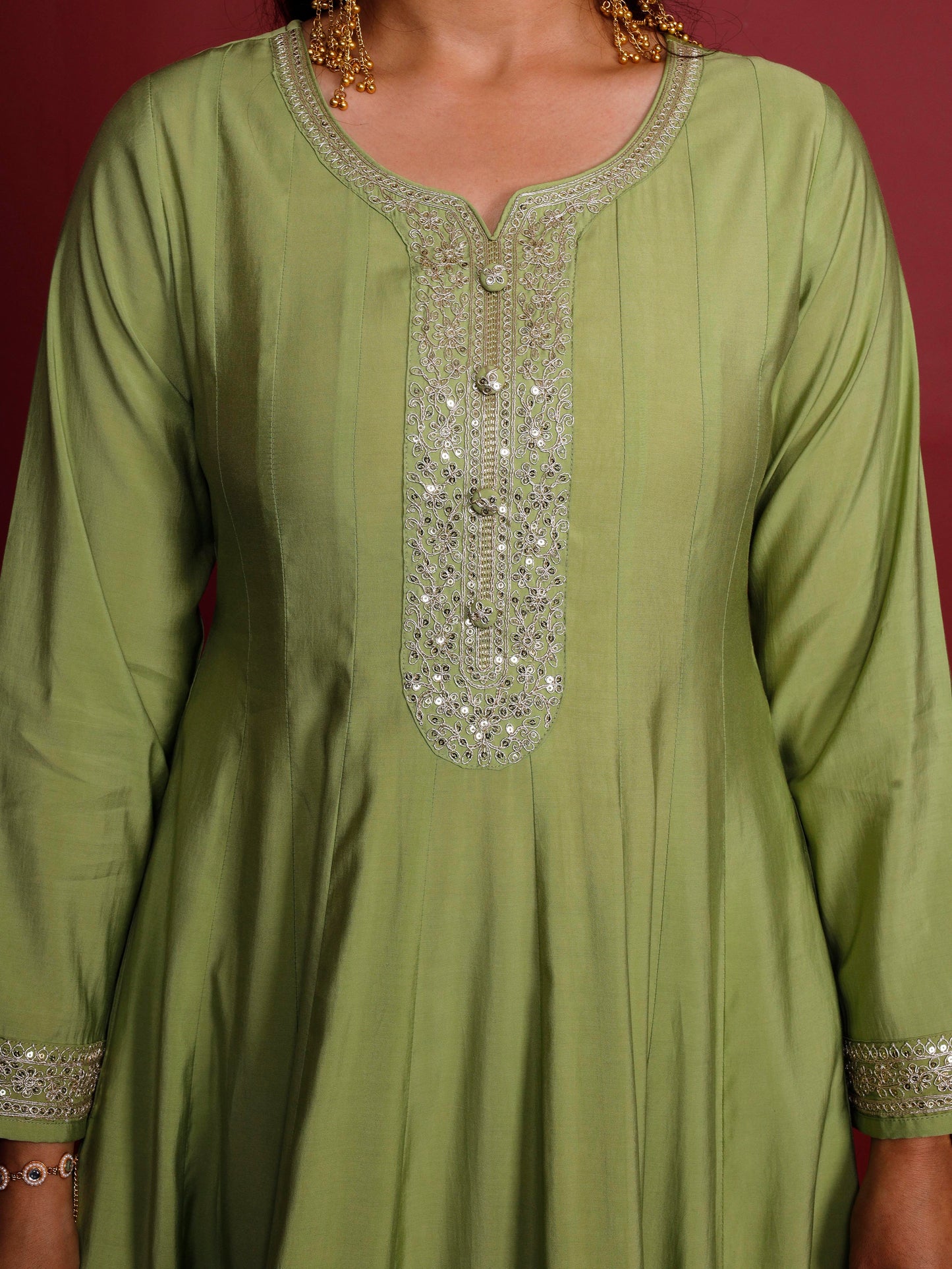 Embroidered Chanderi Solid Anarkali Green Kurta