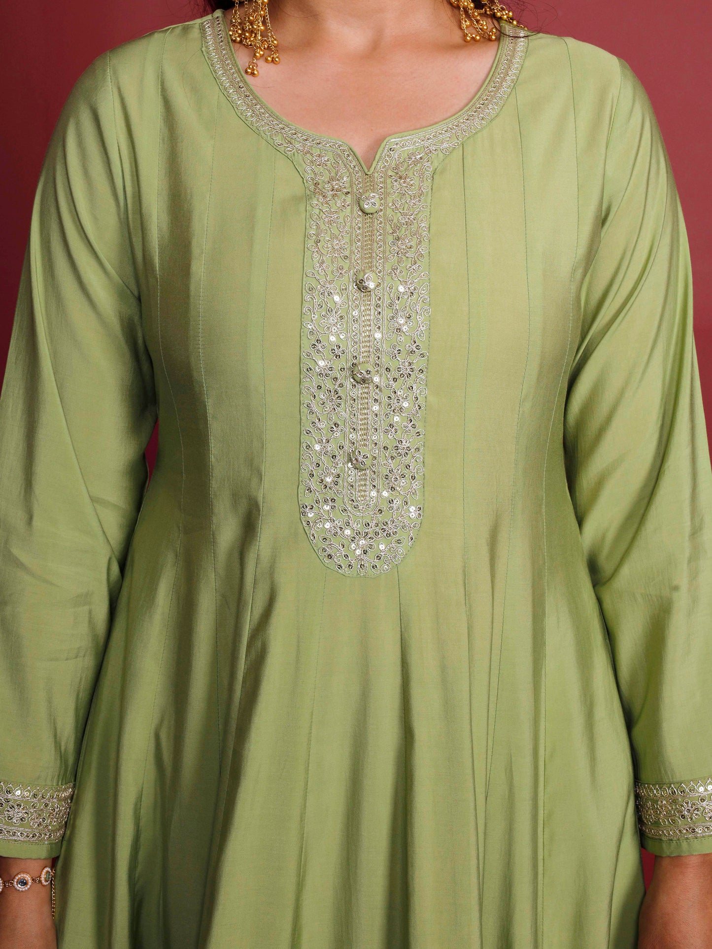 Embroidered Chanderi Solid Anarkali Green Kurta