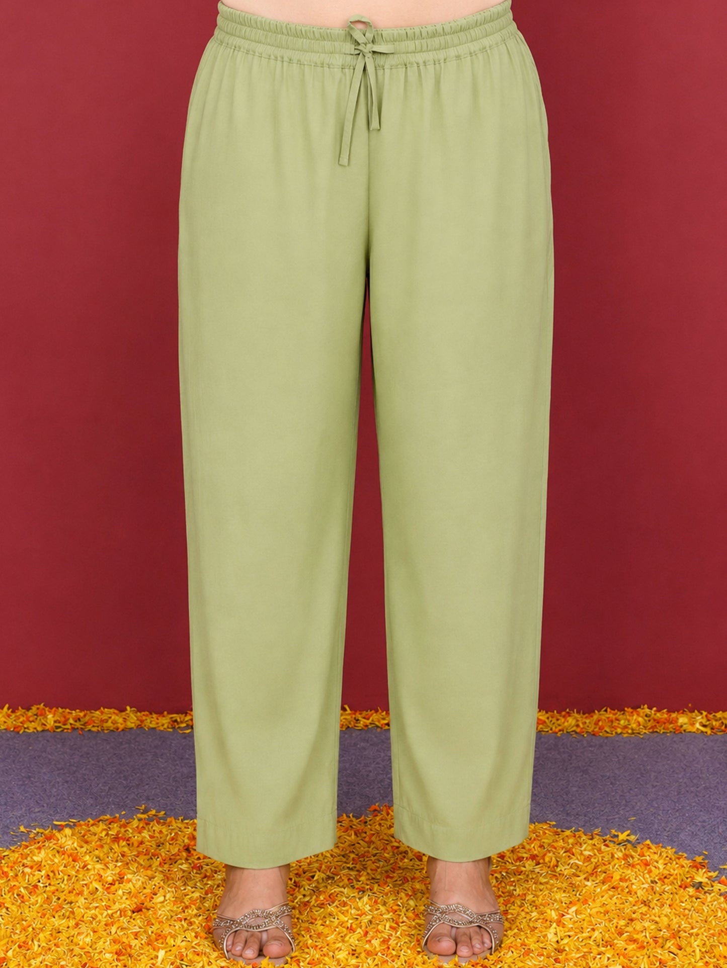 Chanderi Solid Green Straight Trousers