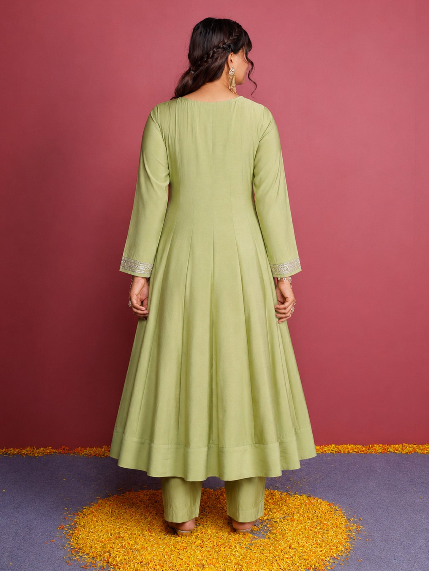 Embroidered Chanderi Solid Anarkali Green Kurta