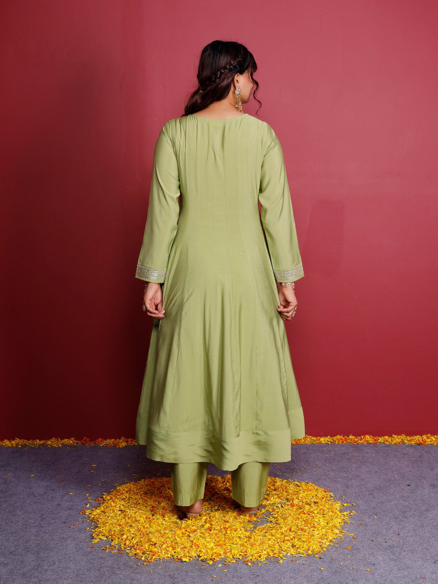Embroidered Chanderi Solid Anarkali Green Kurta