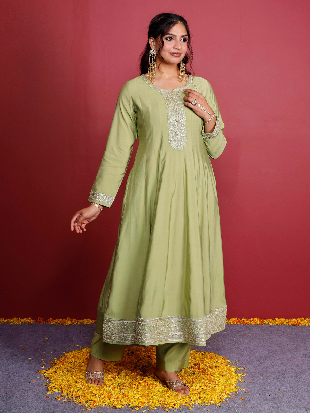 Embroidered chanderi solid anarkali green kurta