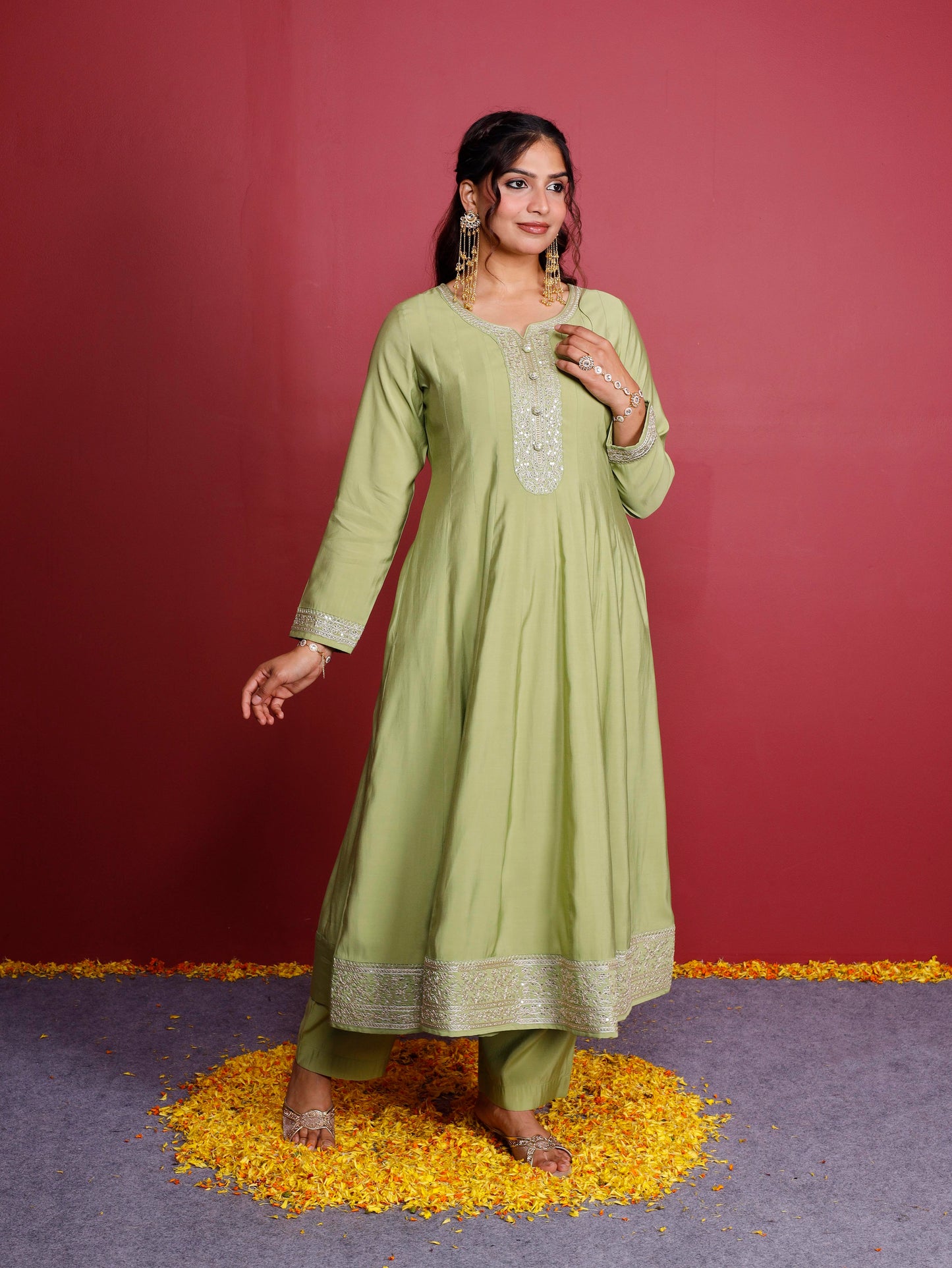 Embroidered Chanderi Solid Anarkali Green Kurta