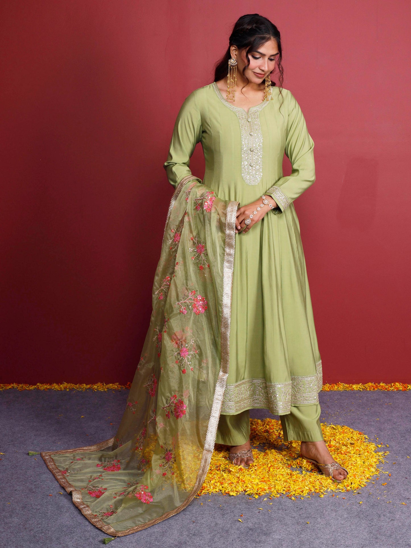 Embroidered Chanderi Solid Anarkali Green Kurta