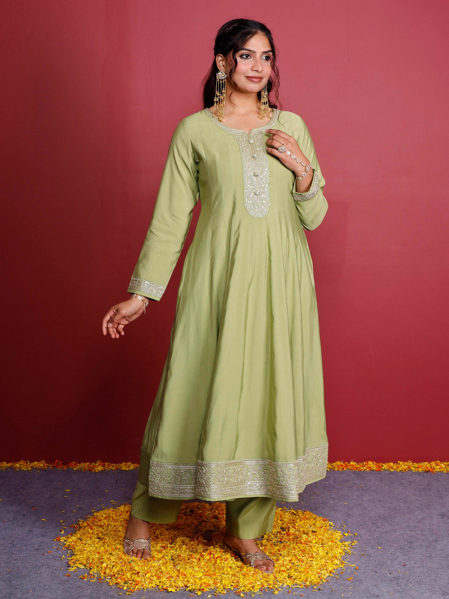 Embroidered Chanderi Solid Anarkali Green Kurta
