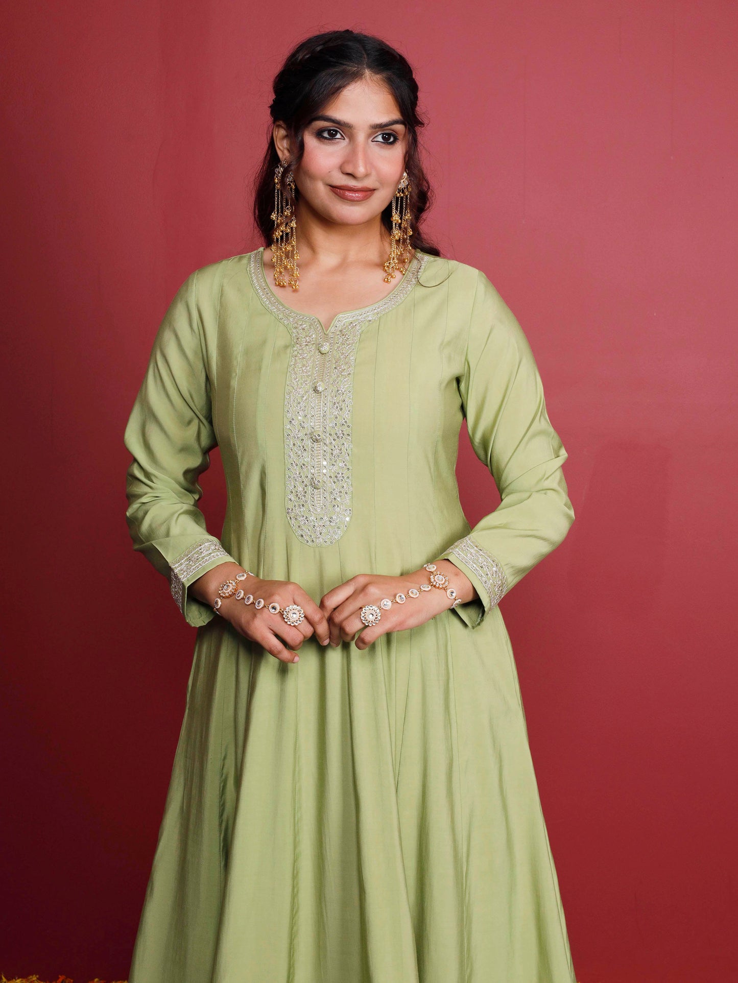 Embroidered Chanderi Solid Anarkali Green Kurta
