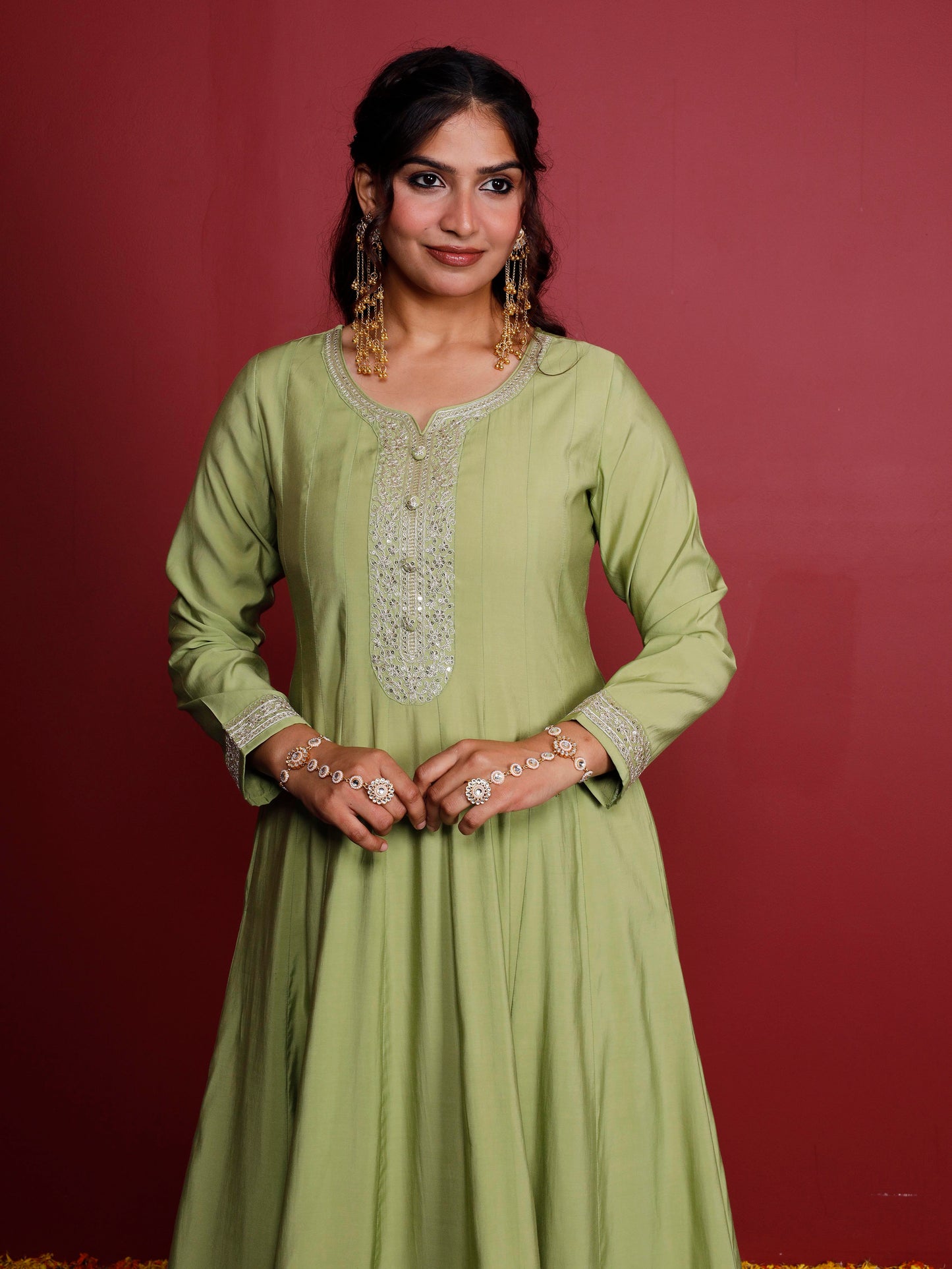 Embroidered Chanderi Solid Anarkali Green Kurta