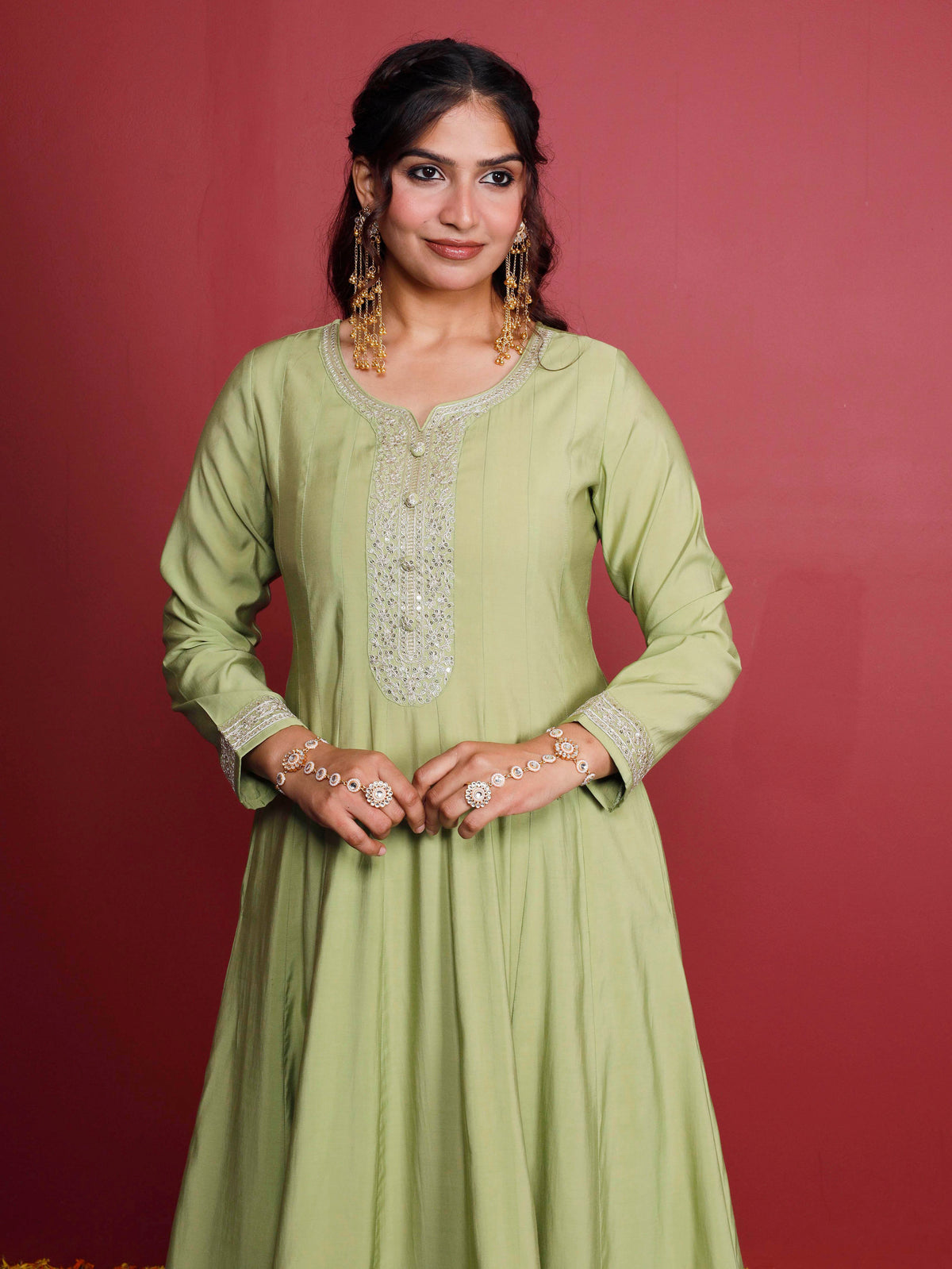 Embroidered chanderi solid anarkali green kurta