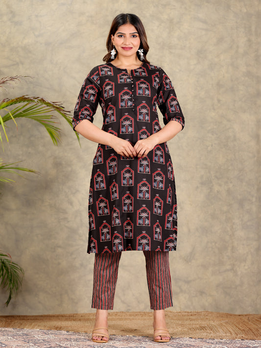 Soft Cotton Abstract A-line Black Kurta