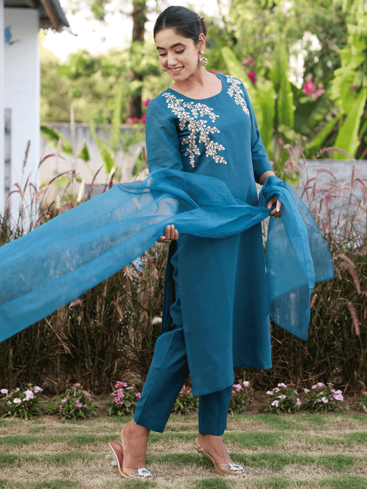 Organza Solid Teal Dupatta